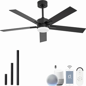 52 Inch Ceiling Fan with Lights and Remote, Smart Ceiling Fan with App Control, Voice Control, Reversible Quiet DC Motor, 3CCT Dimmable LED Light, Black Low Profile Fan for Bedroom Living Room App-controlled remote fan for convenience