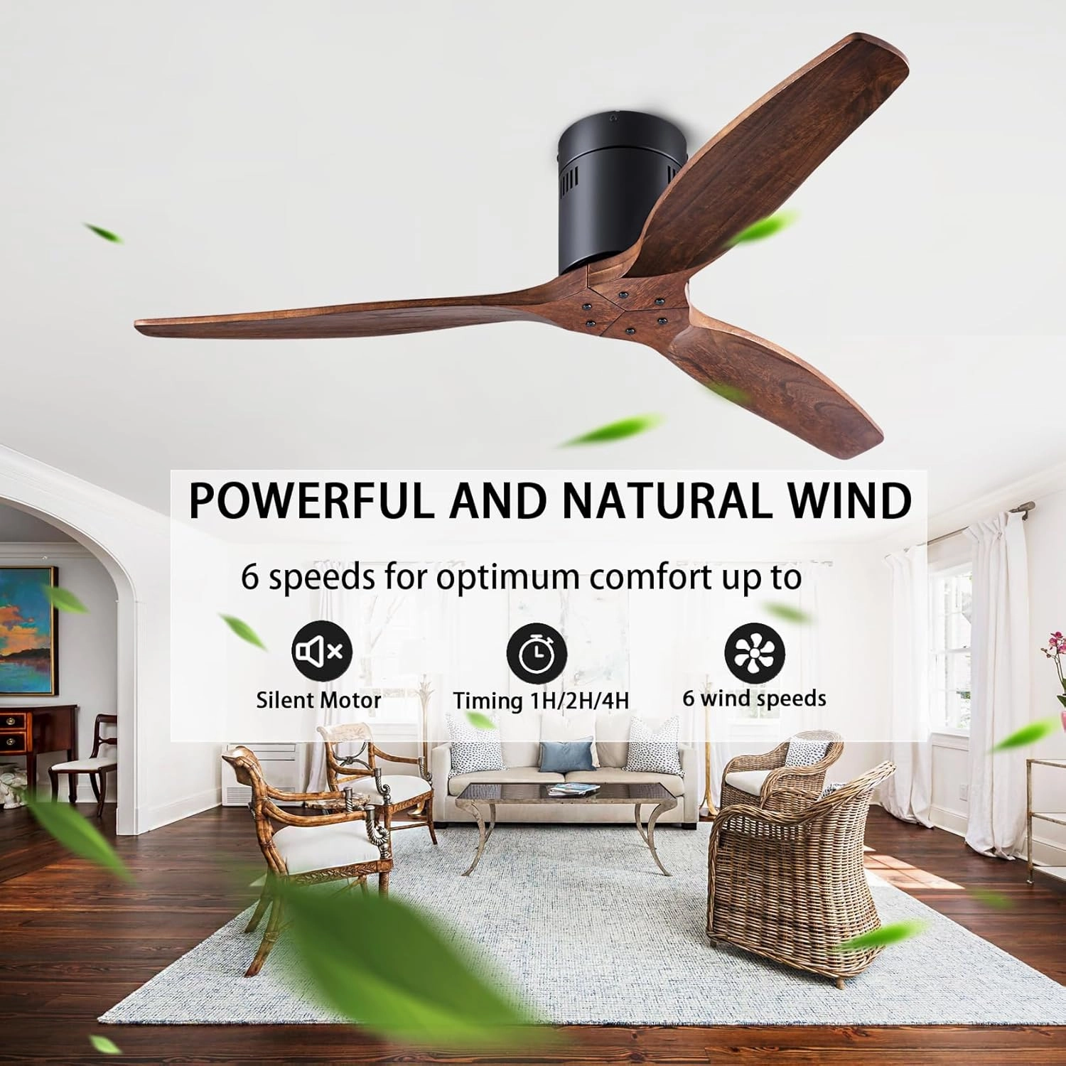 52 inch low profile ceiling fans without light, with remote control, recessed installation, reversible, no noise, black/walnut ceiling fan for bedroom, hallway, indoor/outdoor use