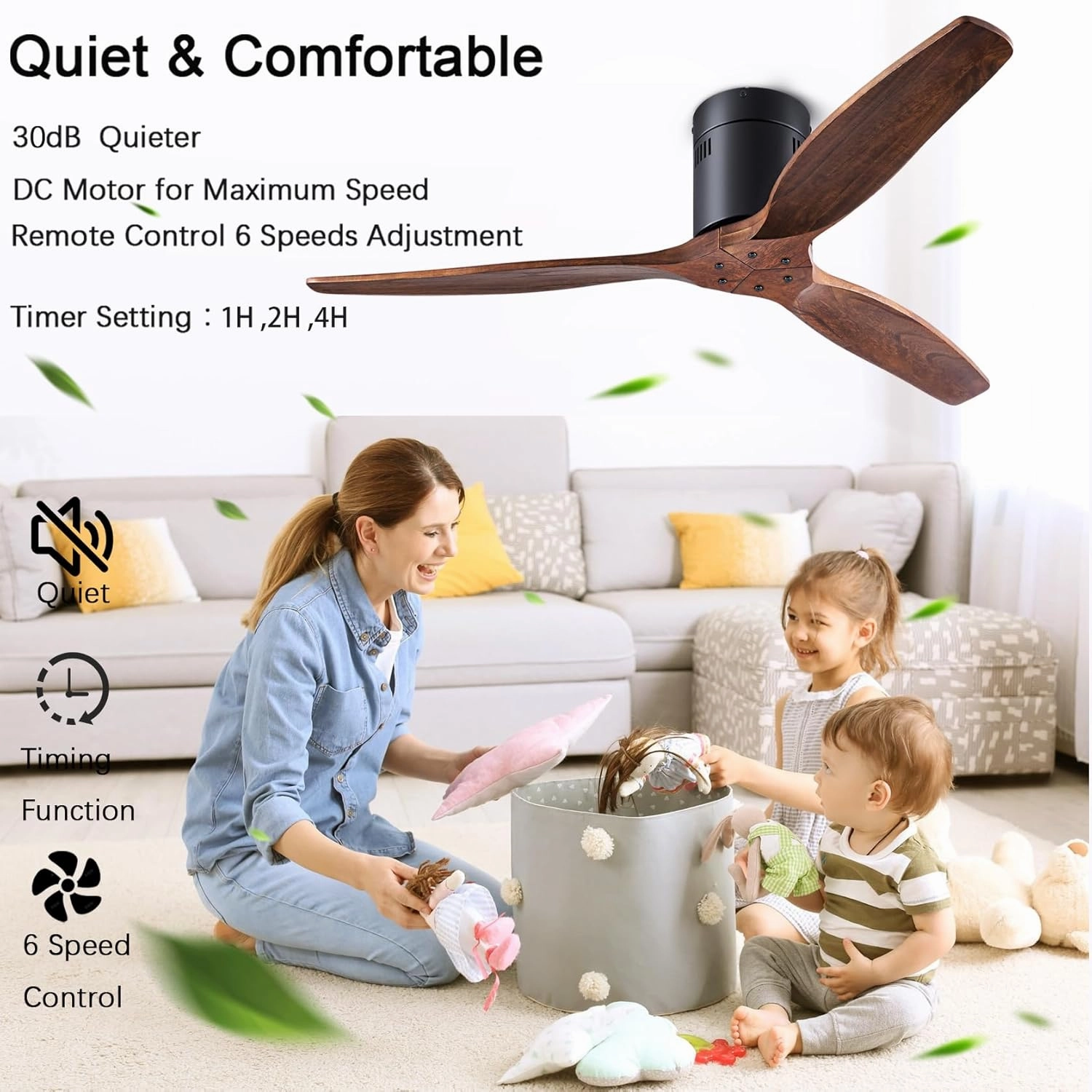 52 inch low profile ceiling fans without light, with remote control, recessed installation, reversible, no noise, black/walnut ceiling fan for bedroom, hallway, indoor/outdoor use