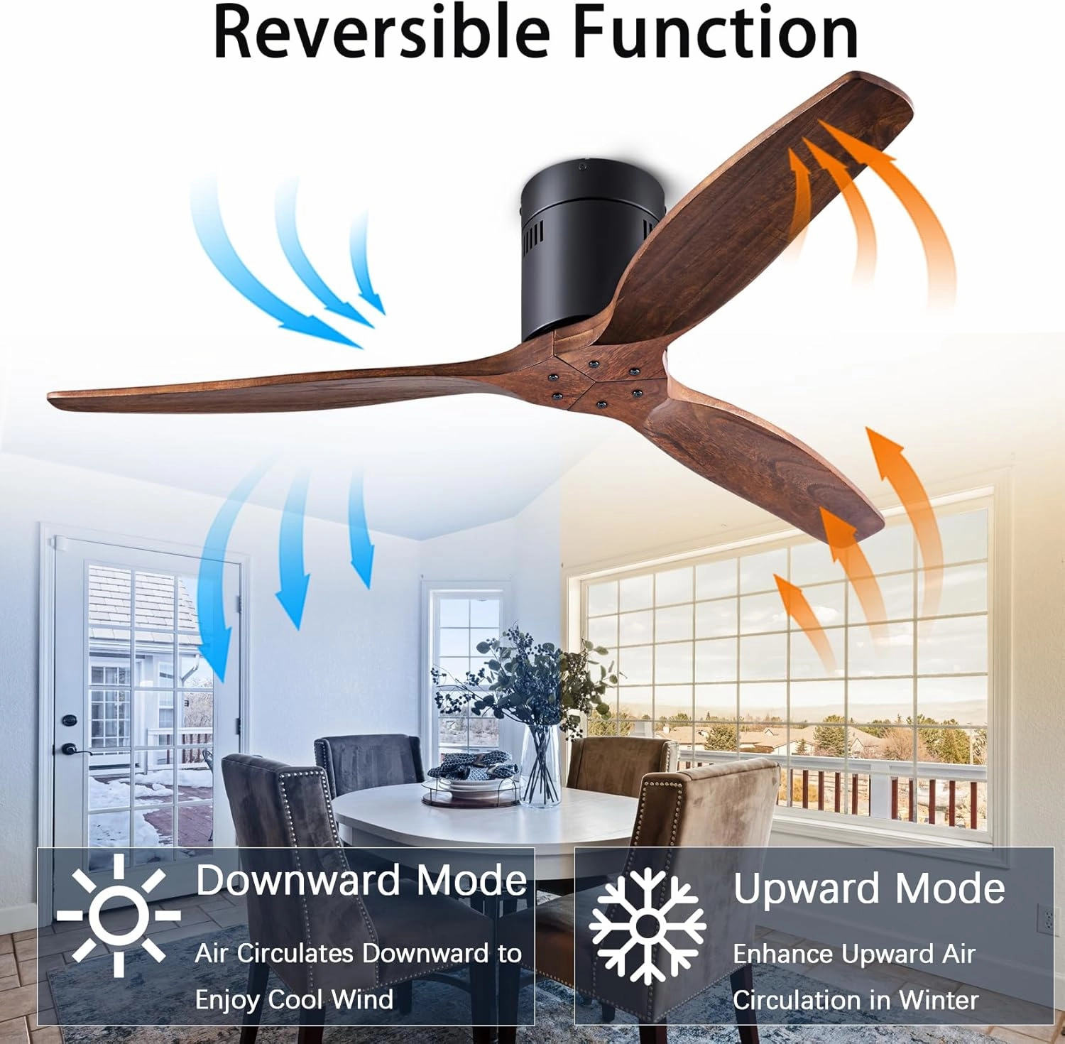 52 inch low profile ceiling fans without light, with remote control, recessed installation, reversible, no noise, black/walnut ceiling fan for bedroom, hallway, indoor/outdoor use