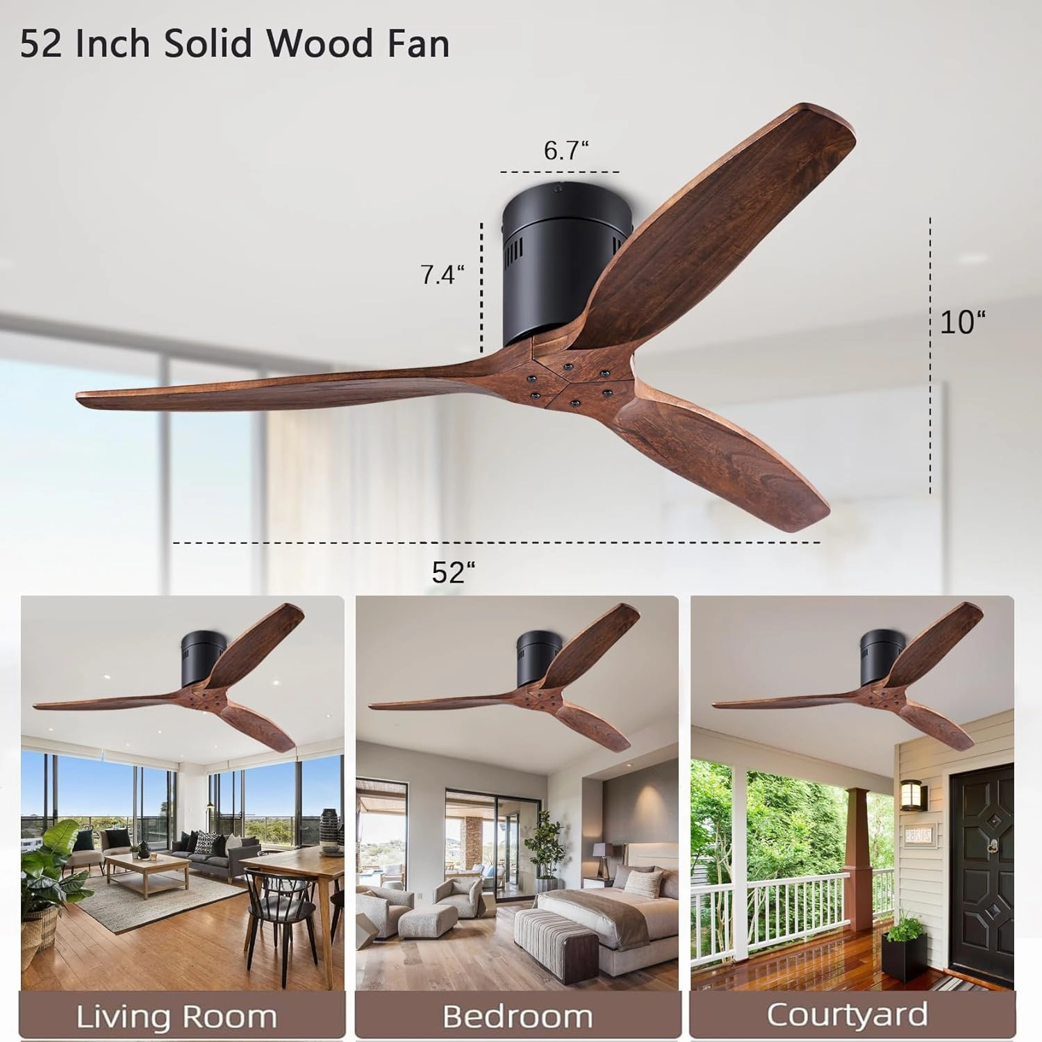 52 inch low profile ceiling fans without light, with remote control, recessed installation, reversible, no noise, black/walnut ceiling fan for bedroom, hallway, indoor/outdoor use