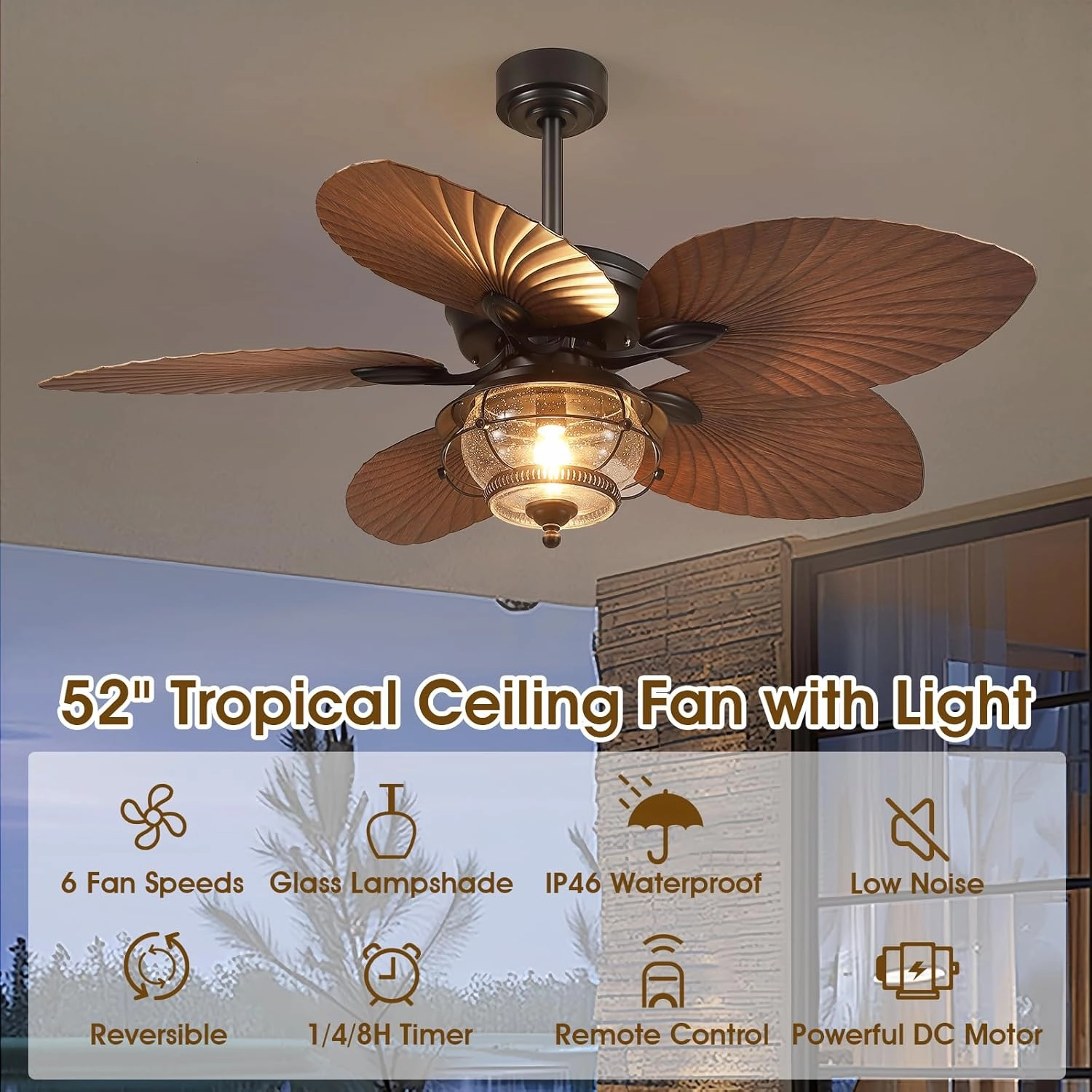 52 Inch Tropical Ceiling Fan with Light and Remote, Outdoor Waterproof Palm Leaf Ceiling Fan for Patios Porches Gazebos, Wet Rated, Glass Lampshade, 6 Speeds, Quiet, Brown, Bulb Included