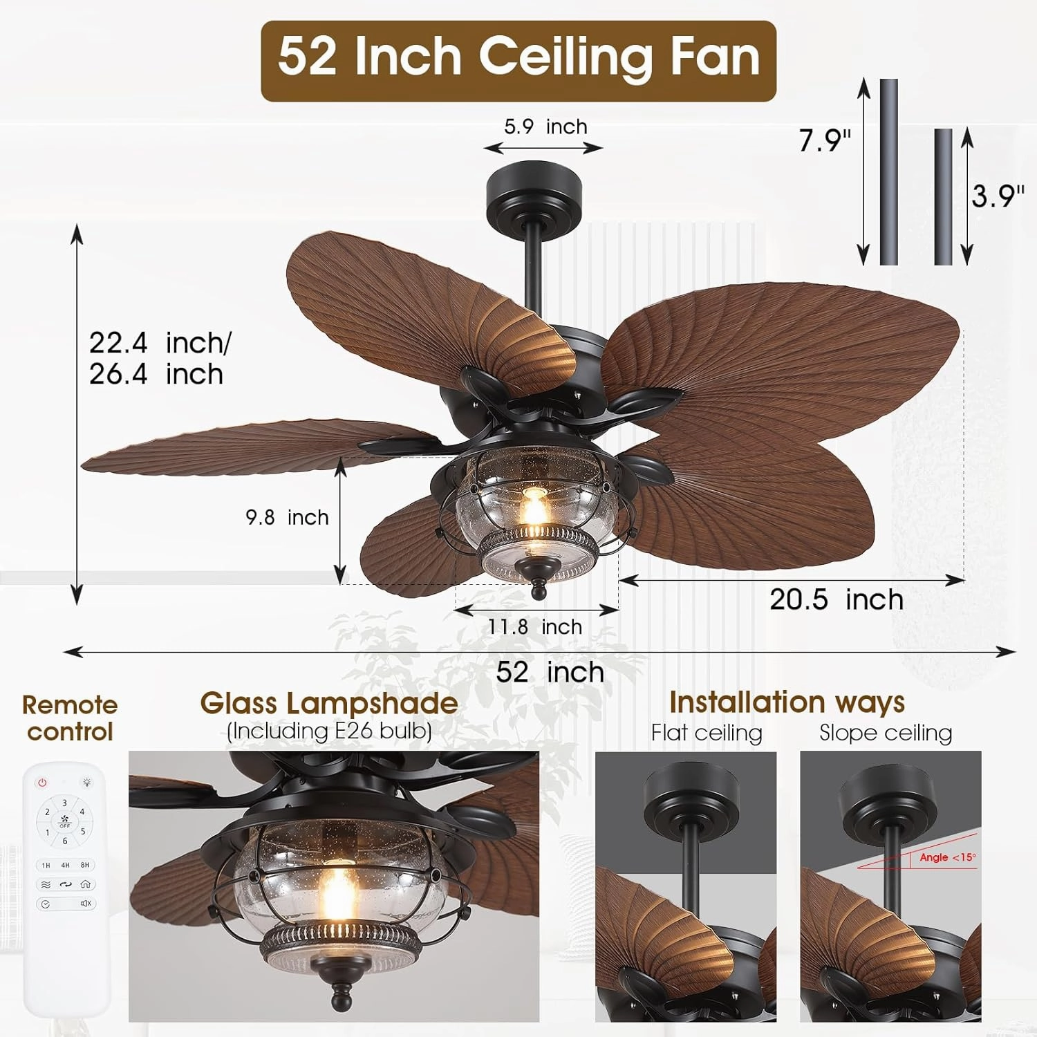 52 Inch Tropical Ceiling Fan with Light and Remote, Outdoor Waterproof Palm Leaf Ceiling Fan for Patios Porches Gazebos, Wet Rated, Glass Lampshade, 6 Speeds, Quiet, Brown, Bulb Included