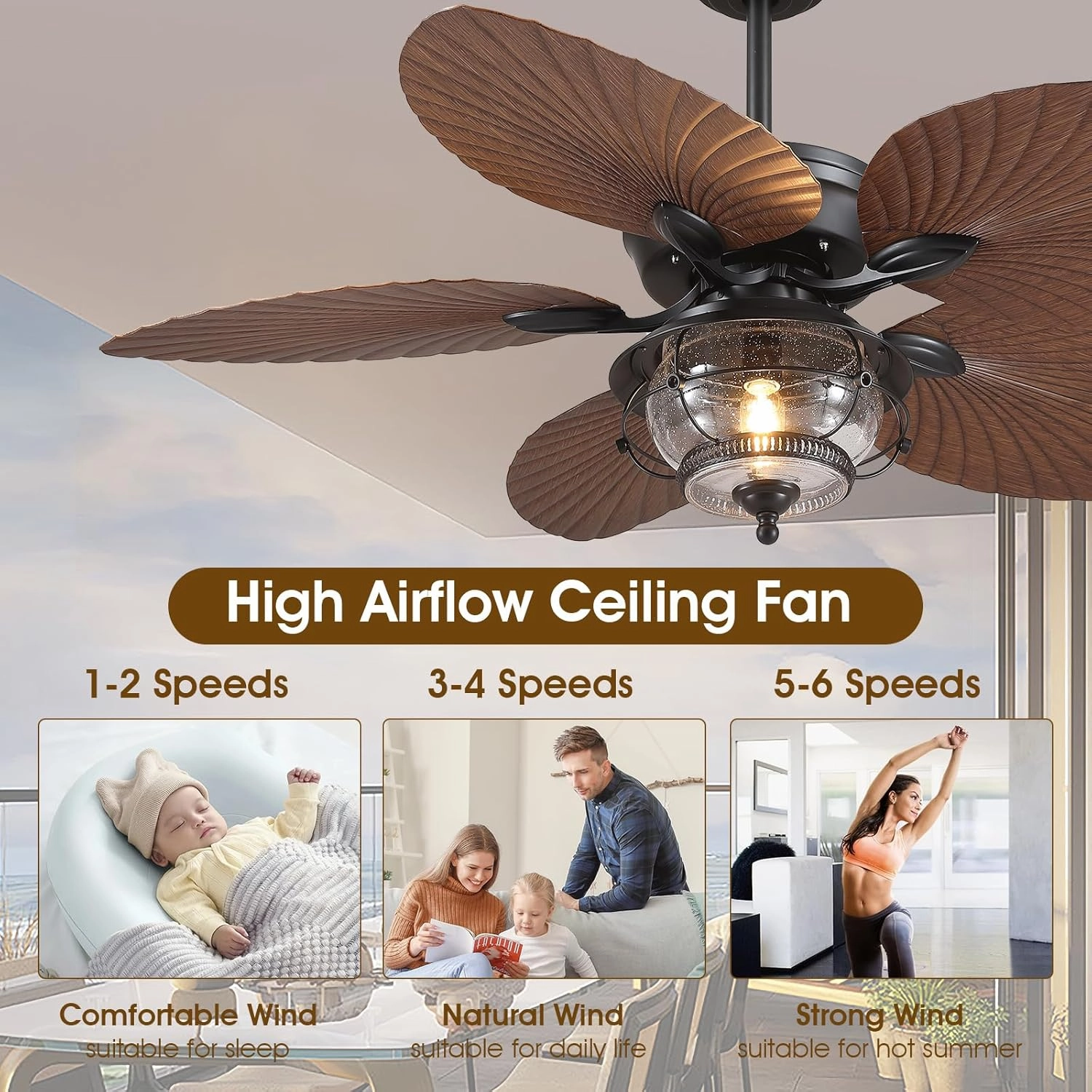 52 Inch Tropical Ceiling Fan with Light and Remote, Outdoor Waterproof Palm Leaf Ceiling Fan for Patios Porches Gazebos, Wet Rated, Glass Lampshade, 6 Speeds, Quiet, Brown, Bulb Included