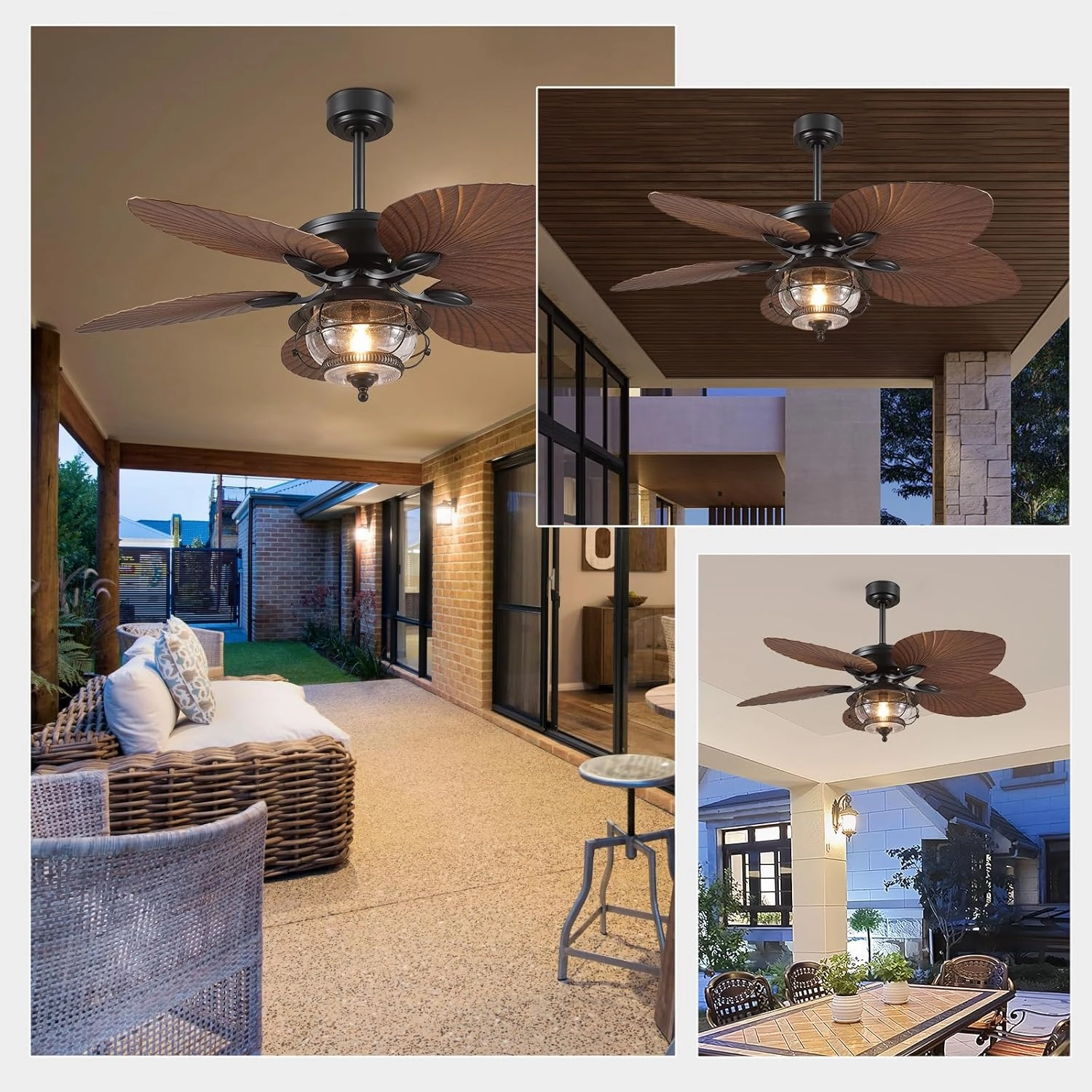 52 Inch Tropical Ceiling Fan with Light and Remote, Outdoor Waterproof Palm Leaf Ceiling Fan for Patios Porches Gazebos, Wet Rated, Glass Lampshade, 6 Speeds, Quiet, Brown, Bulb Included