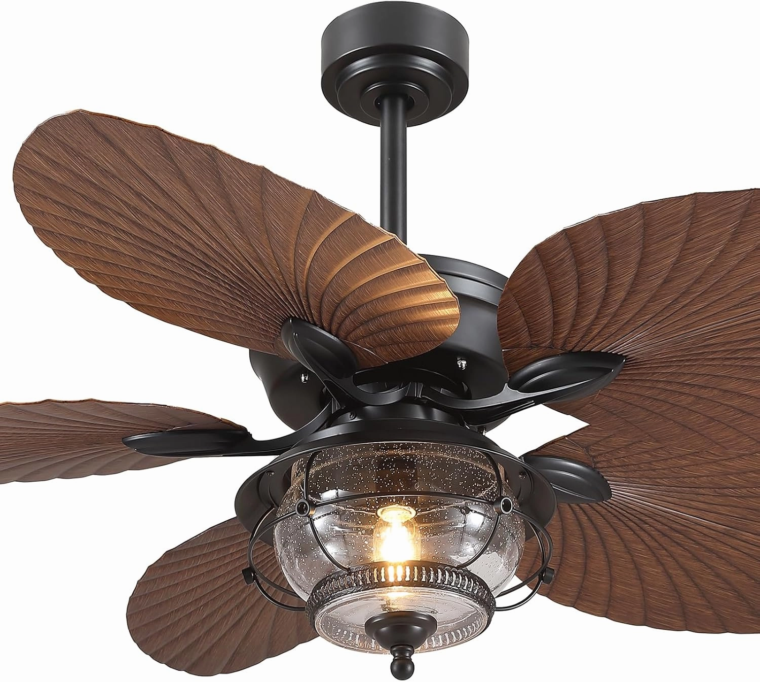 52 Inch Tropical Ceiling Fan with Light and Remote, Outdoor Waterproof Palm Leaf Ceiling Fan for Patios Porches Gazebos, Wet Rated, Glass Lampshade, 6 Speeds, Quiet, Brown, Bulb Included App-controlled remote fan for convenience