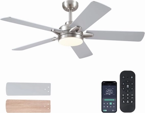52" Ceiling Fan with Lights and Remote - Low Profile Ceiling Fans with 5 Dual-Sided Blades and Reversible Motor, Indoor/Outdoor Ceiling Fan Lights for Modern Bedroom, Covered Patios, Nickel App-controlled remote fan for convenience