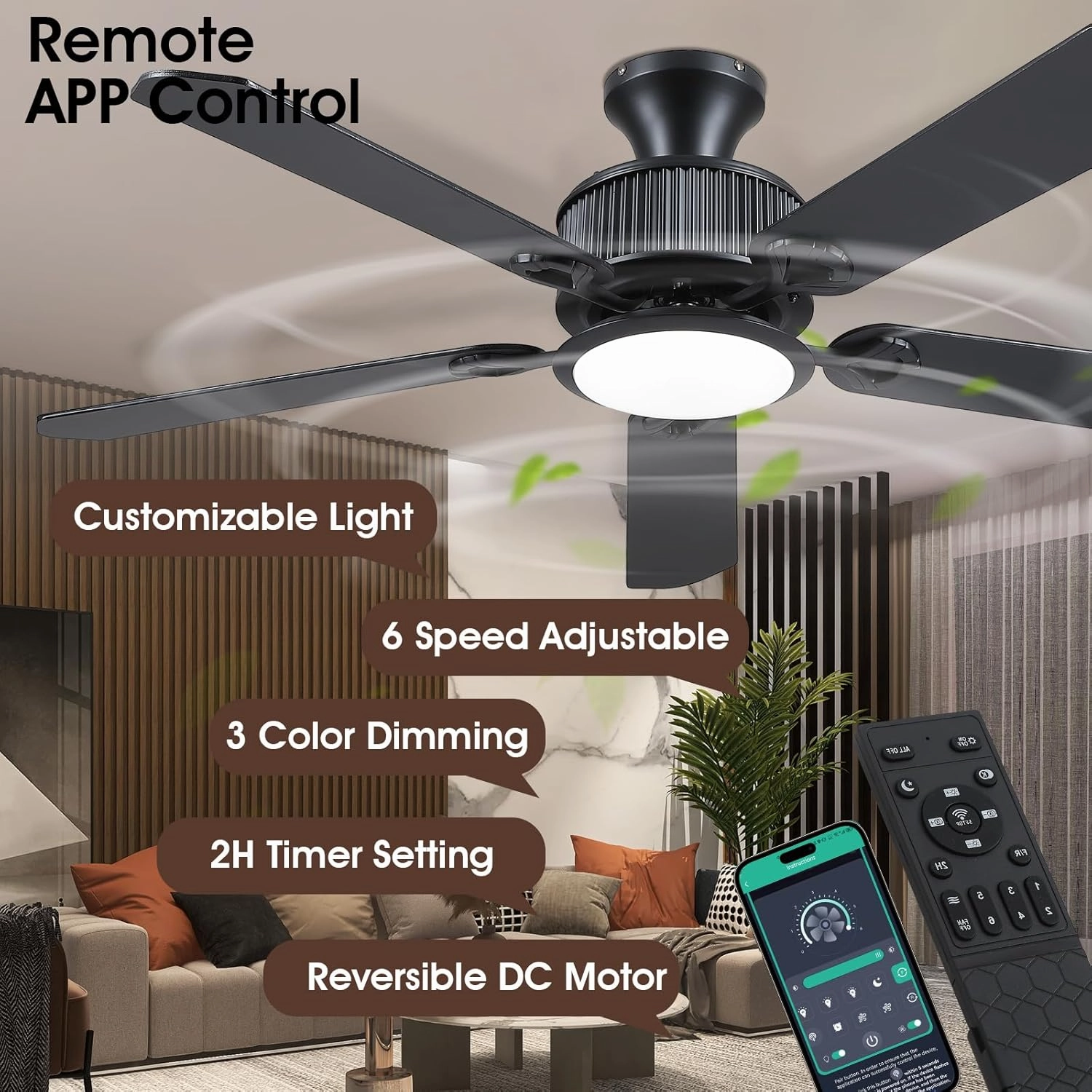 52" Ceiling Fans with Lights-Low Profile Ceiling Fan with Light and APP&Remote Control,Flush Mount Ceiling Fan for Indoor/Outdoor,3 Colors Dimmable,5 Reversible Double-Sided BladesBlack