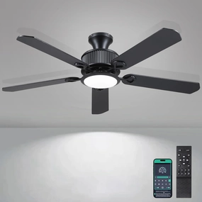 52" Ceiling Fans with Lights-Low Profile Ceiling Fan with Light and APP&Remote Control,Flush Mount Ceiling Fan for Indoor/Outdoor,3 Colors Dimmable,5 Reversible Double-Sided BladesBlack App-controlled remote fan for convenience