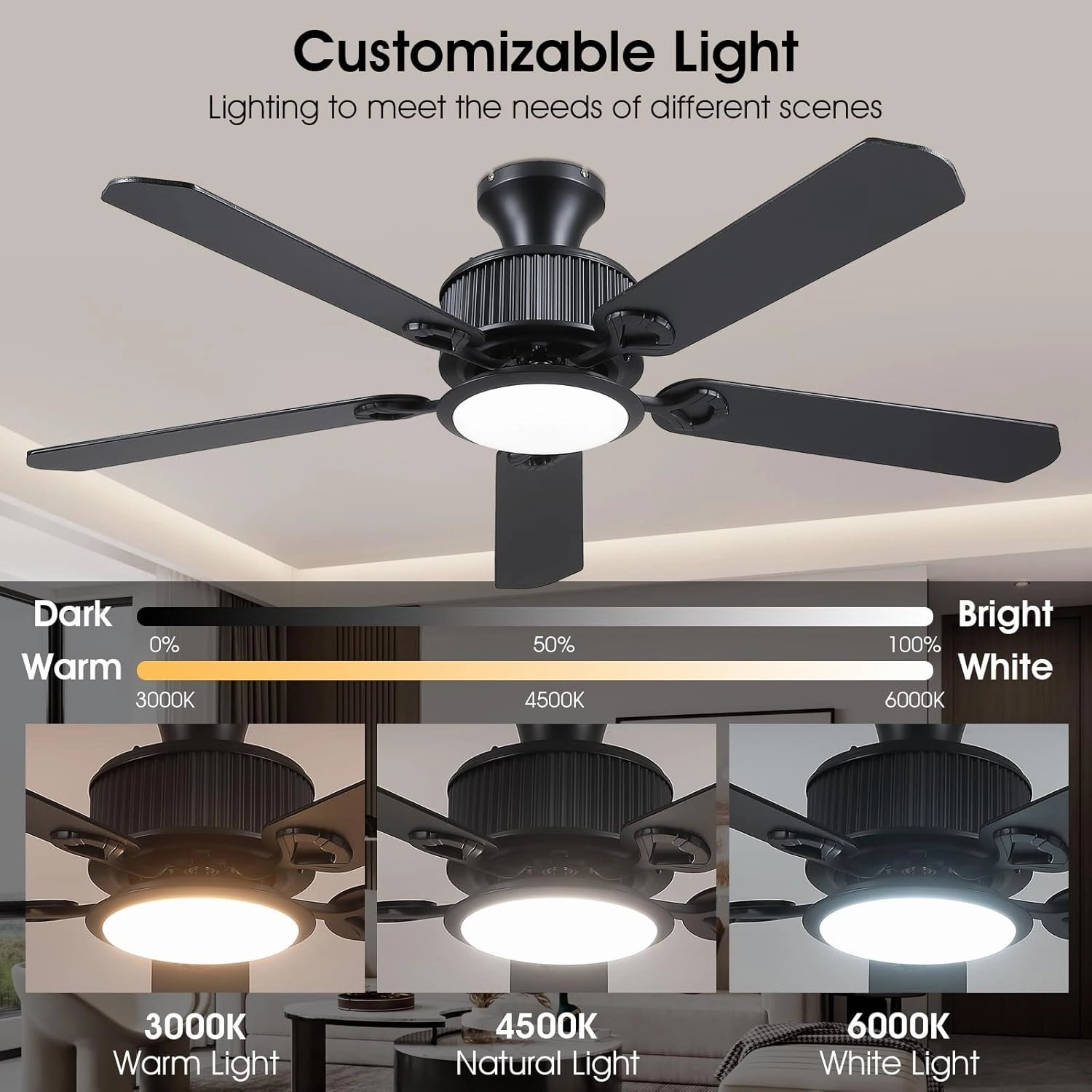52" Ceiling Fans with Lights-Low Profile Ceiling Fan with Light and APP&Remote Control,Flush Mount Ceiling Fan for Indoor/Outdoor,3 Colors Dimmable,5 Reversible Double-Sided BladesBlack