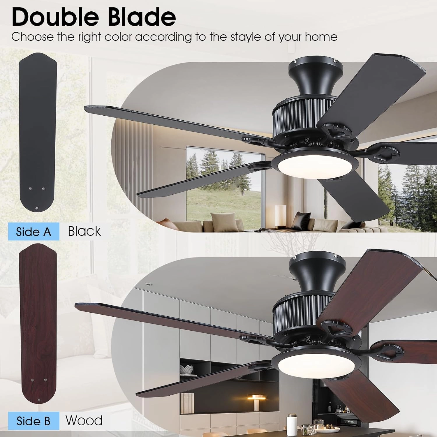 52" Ceiling Fans with Lights-Low Profile Ceiling Fan with Light and APP&Remote Control,Flush Mount Ceiling Fan for Indoor/Outdoor,3 Colors Dimmable,5 Reversible Double-Sided BladesBlack