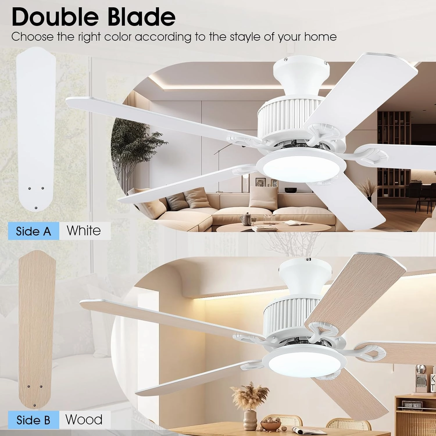 52" Ceiling Fans with Lights-Low Profile Ceiling Fan with Light and APP&Remote Control,Flush Mount Ceiling Fan for Indoor/Outdoor,3 Colors Dimmable,5 Reversible Double-Sided BladesWhite