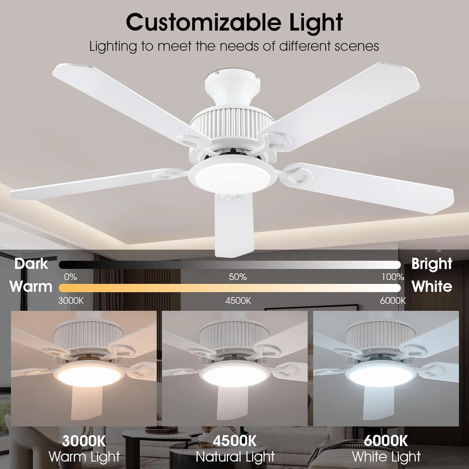 52" Ceiling Fans with Lights-Low Profile Ceiling Fan with Light and APP&Remote Control,Flush Mount Ceiling Fan for Indoor/Outdoor,3 Colors Dimmable,5 Reversible Double-Sided BladesWhite