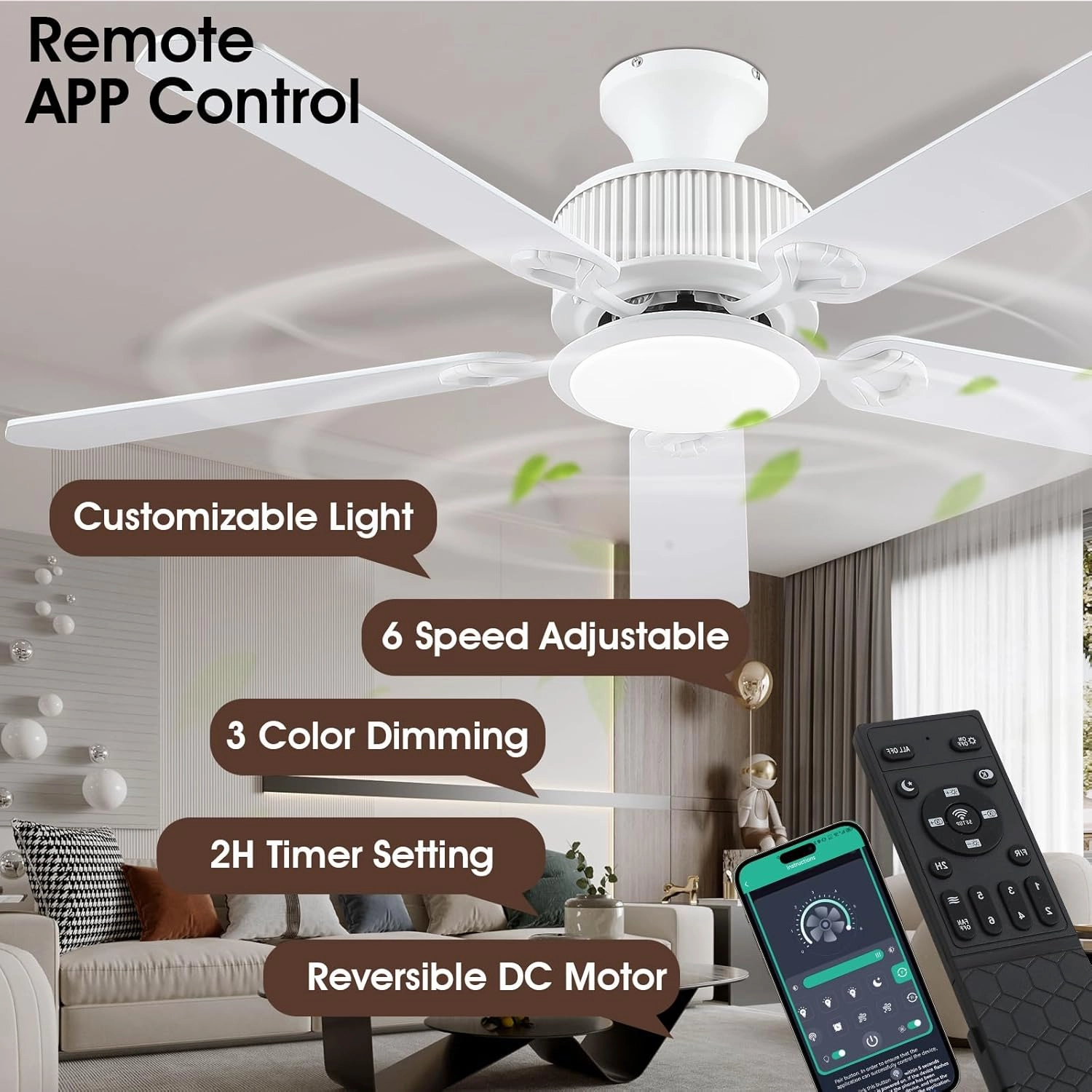 52" Ceiling Fans with Lights-Low Profile Ceiling Fan with Light and APP&Remote Control,Flush Mount Ceiling Fan for Indoor/Outdoor,3 Colors Dimmable,5 Reversible Double-Sided BladesWhite