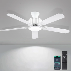 52" Ceiling Fans with Lights-Low Profile Ceiling Fan with Light and APP&Remote Control,Flush Mount Ceiling Fan for Indoor/Outdoor,3 Colors Dimmable,5 Reversible Double-Sided BladesWhite App-controlled remote fan for convenience