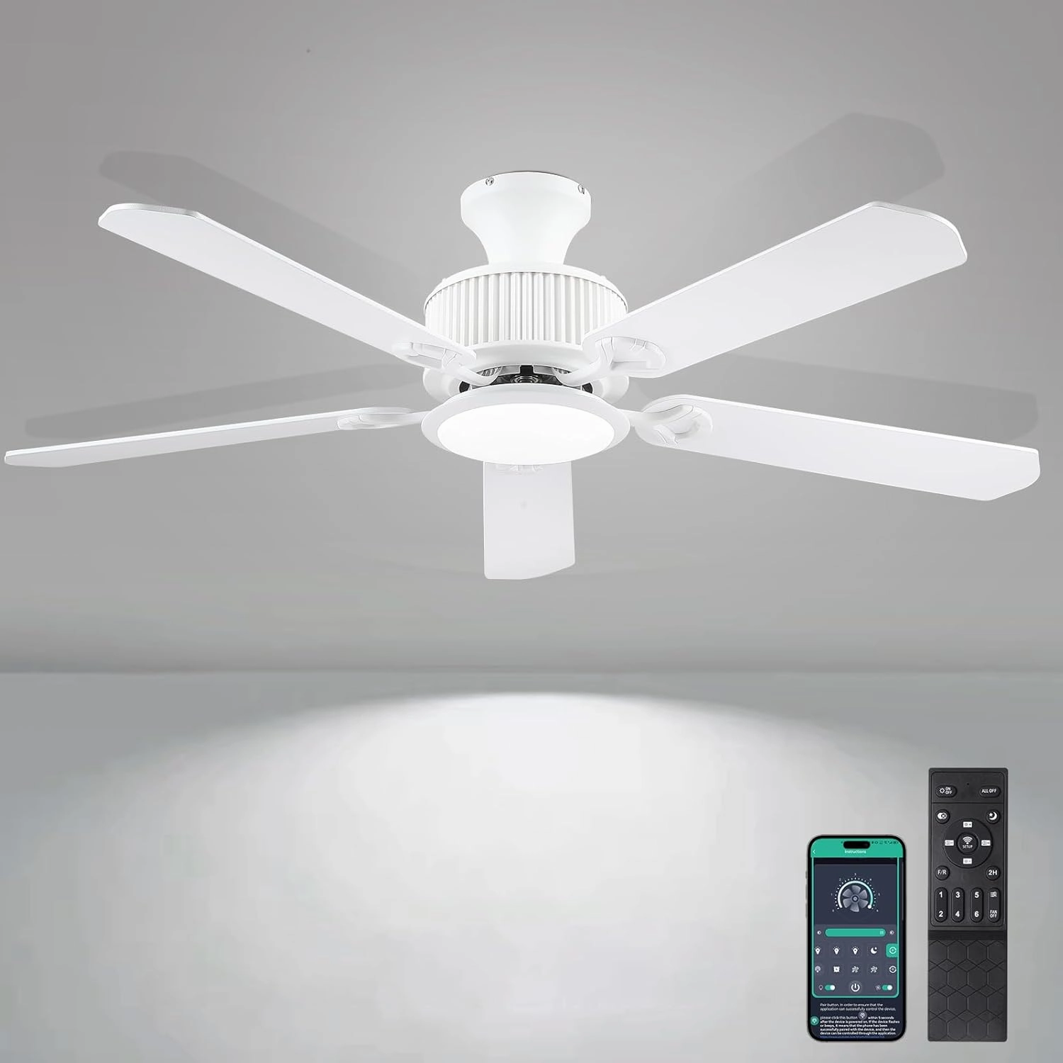 52" Ceiling Fans with Lights-Low Profile Ceiling Fan with Light and APP&Remote Control,Flush Mount Ceiling Fan for Indoor/Outdoor,3 Colors Dimmable,5 Reversible Double-Sided BladesWhite App-controlled remote fan for convenience