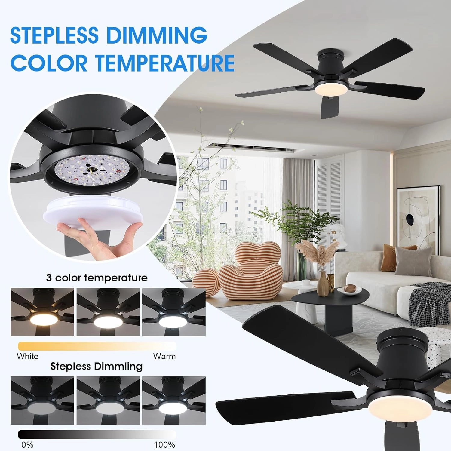 52" Ceiling Fans with Lights-Low Profile Ceiling Fan with Light and Remote/APP Control,Flush Mount,DC Reversible,LED Dimmable Blakc Ceiling Fans for Bedroom,Indoor/Outdoor Patio Use