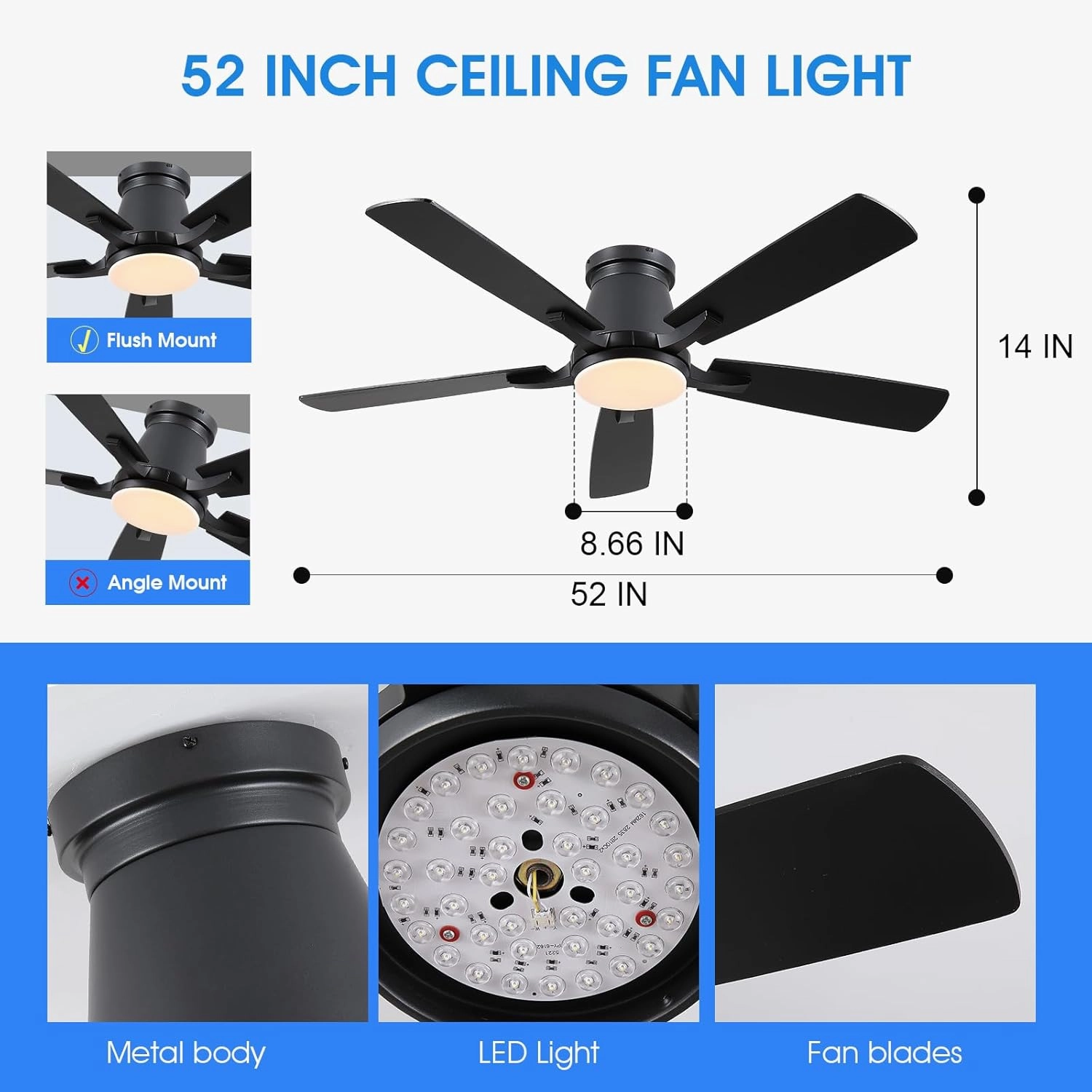 52" Ceiling Fans with Lights-Low Profile Ceiling Fan with Light and Remote/APP Control,Flush Mount,DC Reversible,LED Dimmable Blakc Ceiling Fans for Bedroom,Indoor/Outdoor Patio Use