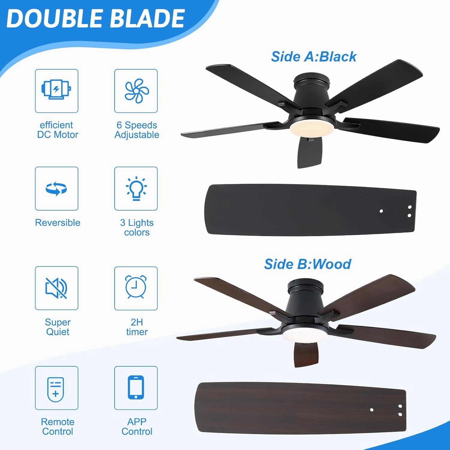 52" Ceiling Fans with Lights-Low Profile Ceiling Fan with Light and Remote/APP Control,Flush Mount,DC Reversible,LED Dimmable Blakc Ceiling Fans for Bedroom,Indoor/Outdoor Patio Use