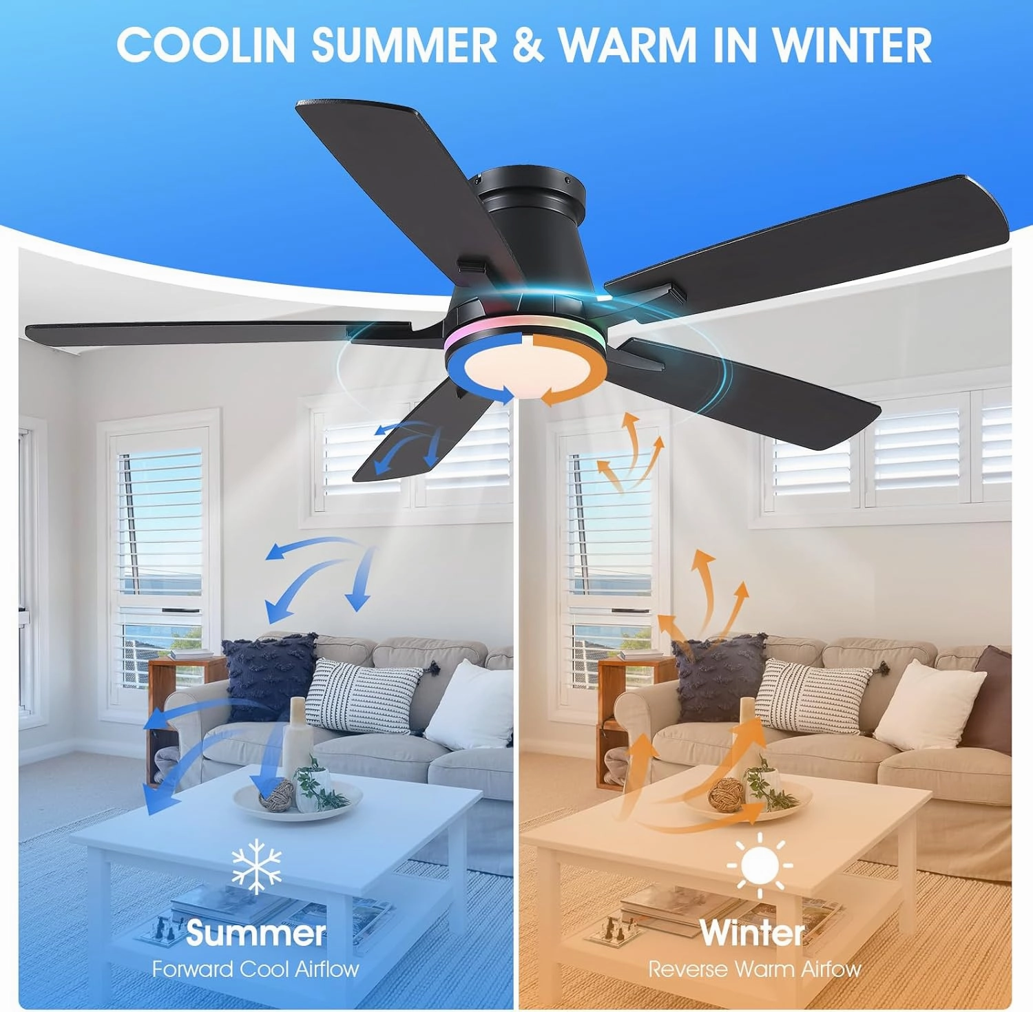 52" Ceiling Fans with RGB Lights-Low Profile Ceiling Fan with Light and Remote/APP Control,Flush Mount,DC Reversible,LED Dimmable Black Ceiling Fans for Bedroom,Indoor/Outdoor Patio Use