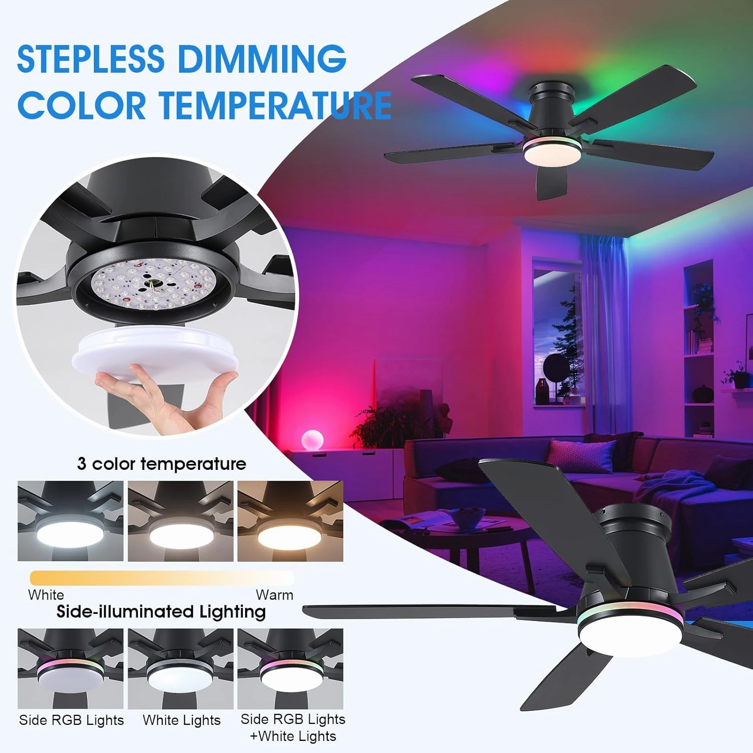 52" Ceiling Fans with RGB Lights-Low Profile Ceiling Fan with Light and Remote/APP Control,Flush Mount,DC Reversible,LED Dimmable Black Ceiling Fans for Bedroom,Indoor/Outdoor Patio Use