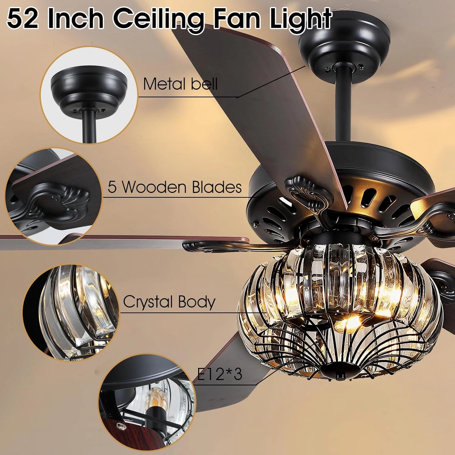 52" Farmhouse Chandelier Ceiling Fans with Lights and Remote,K9 Crystal Fandelier Ceiling Fan for Outdoor/Indoor Dining Room,Living Room