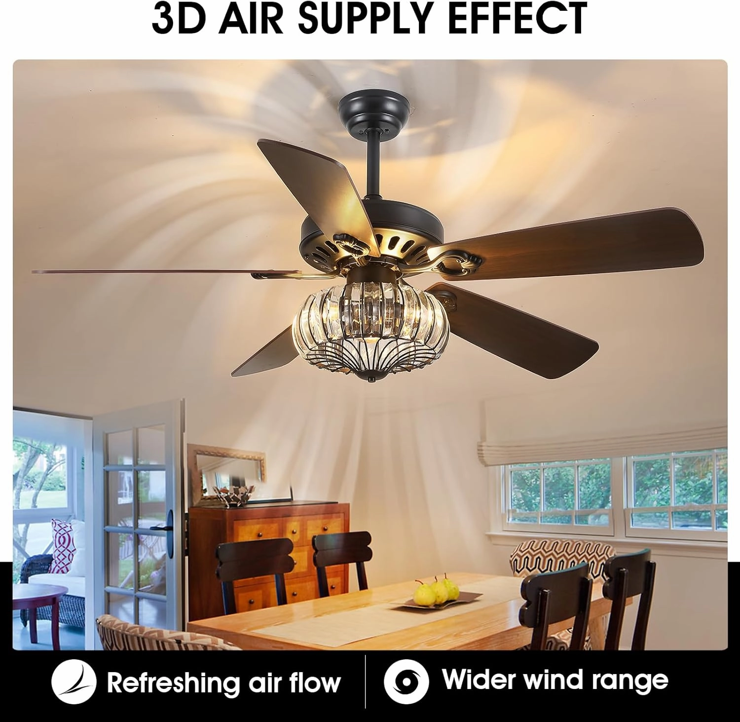52" Farmhouse Chandelier Ceiling Fans with Lights and Remote,K9 Crystal Fandelier Ceiling Fan for Outdoor/Indoor Dining Room,Living Room