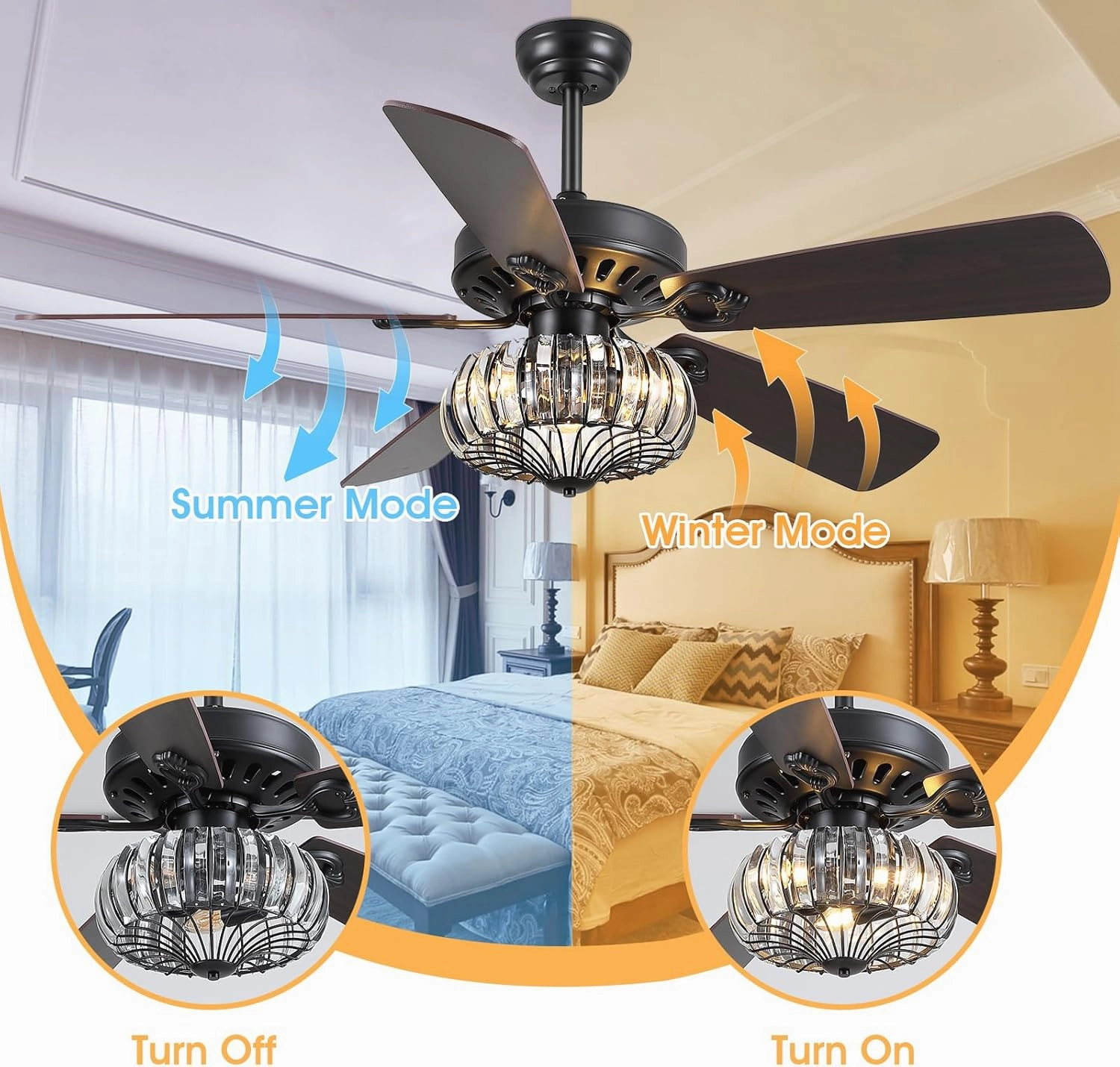 52" Farmhouse Chandelier Ceiling Fans with Lights and Remote,K9 Crystal Fandelier Ceiling Fan for Outdoor/Indoor Dining Room,Living Room