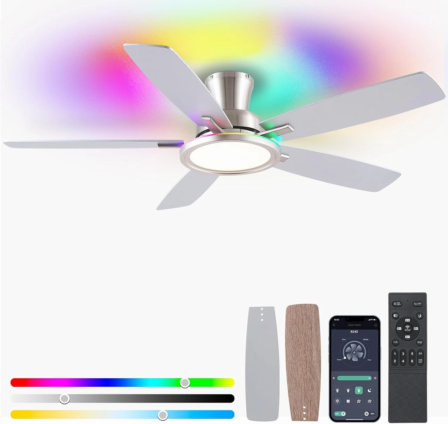 52" RGB Ceiling Fan with Light and Remote/App - Flush Mount Ceiling Fan Light with Reversible Mute Motor, RGB Ring, 5 Dual-Sided Blades, Low Profile Ceiling Fans for Indoor, Party App-controlled remote fan for convenience