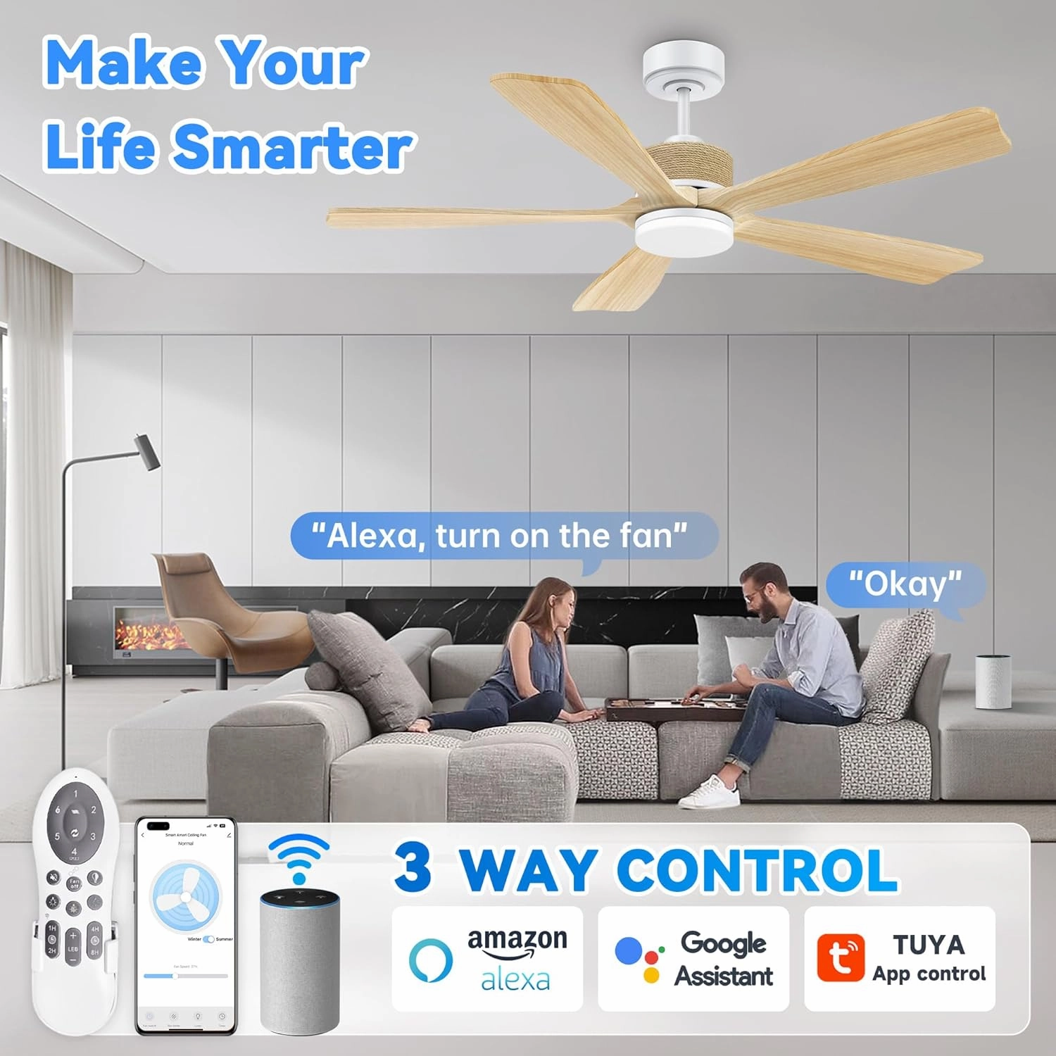 52"Wood Smart Ceiling Fans with Lights Remote,Decor with Hemp Rope,Voice Control via WIFI Alexa App,6 Speed Reversible,Quiet DC Motor,Modern Outdoor Indoor Ceiling Fan for Bedroom Patio Porch