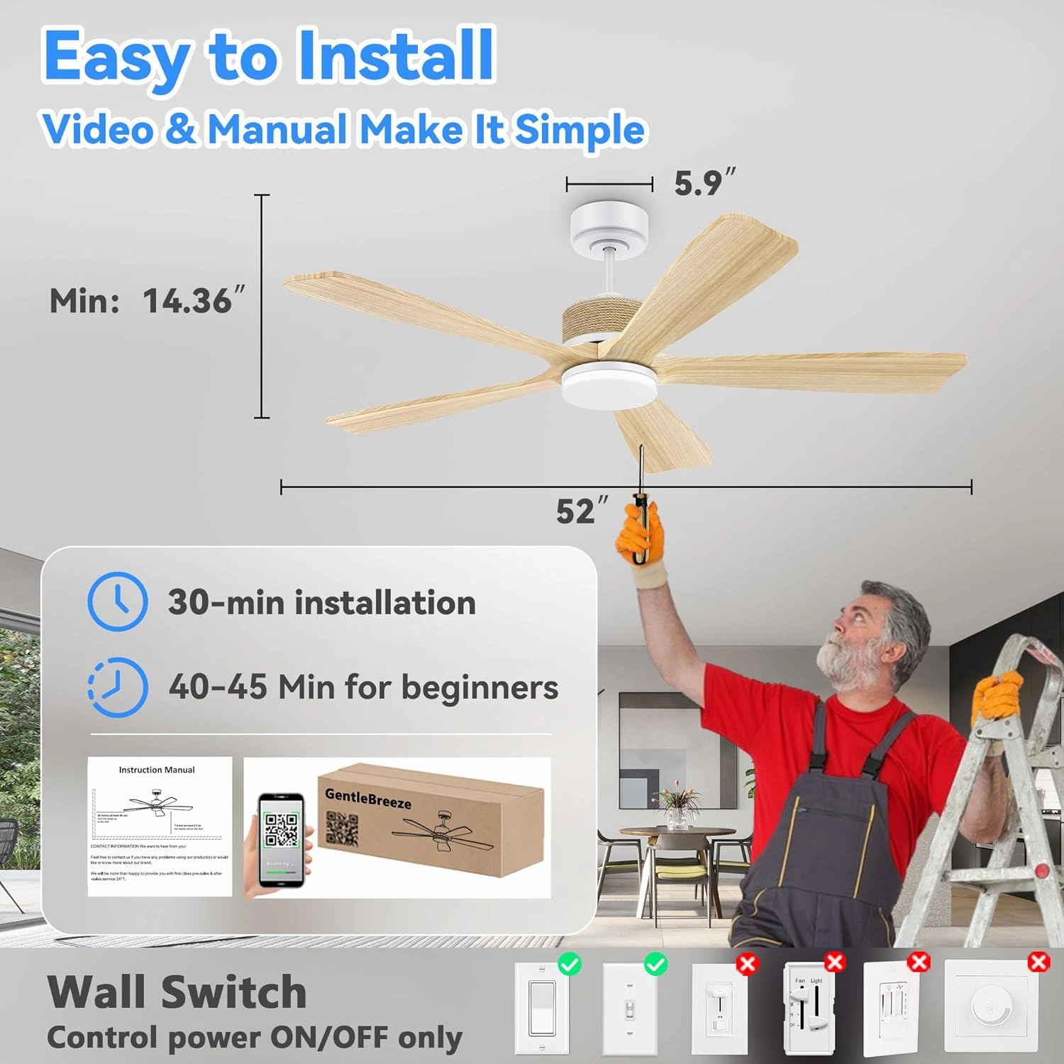 52"Wood Smart Ceiling Fans with Lights Remote,Decor with Hemp Rope,Voice Control via WIFI Alexa App,6 Speed Reversible,Quiet DC Motor,Modern Outdoor Indoor Ceiling Fan for Bedroom Patio Porch