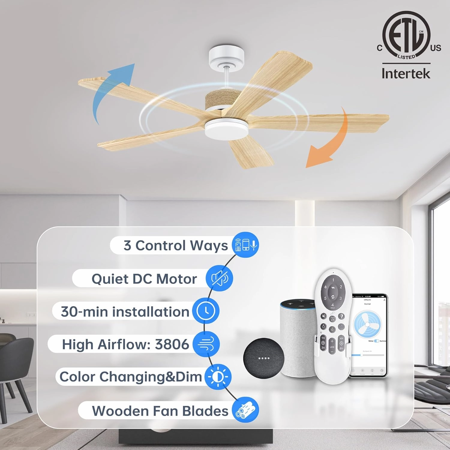 52"Wood Smart Ceiling Fans with Lights Remote,Decor with Hemp Rope,Voice Control via WIFI Alexa App,6 Speed Reversible,Quiet DC Motor,Modern Outdoor Indoor Ceiling Fan for Bedroom Patio Porch