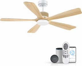 52"Wood Smart Ceiling Fans with Lights Remote,Decor with Hemp Rope,Voice Control via WIFI Alexa App,6 Speed Reversible,Quiet DC Motor,Modern Outdoor Indoor Ceiling Fan for Bedroom Patio Porch App-controlled remote fan for convenience