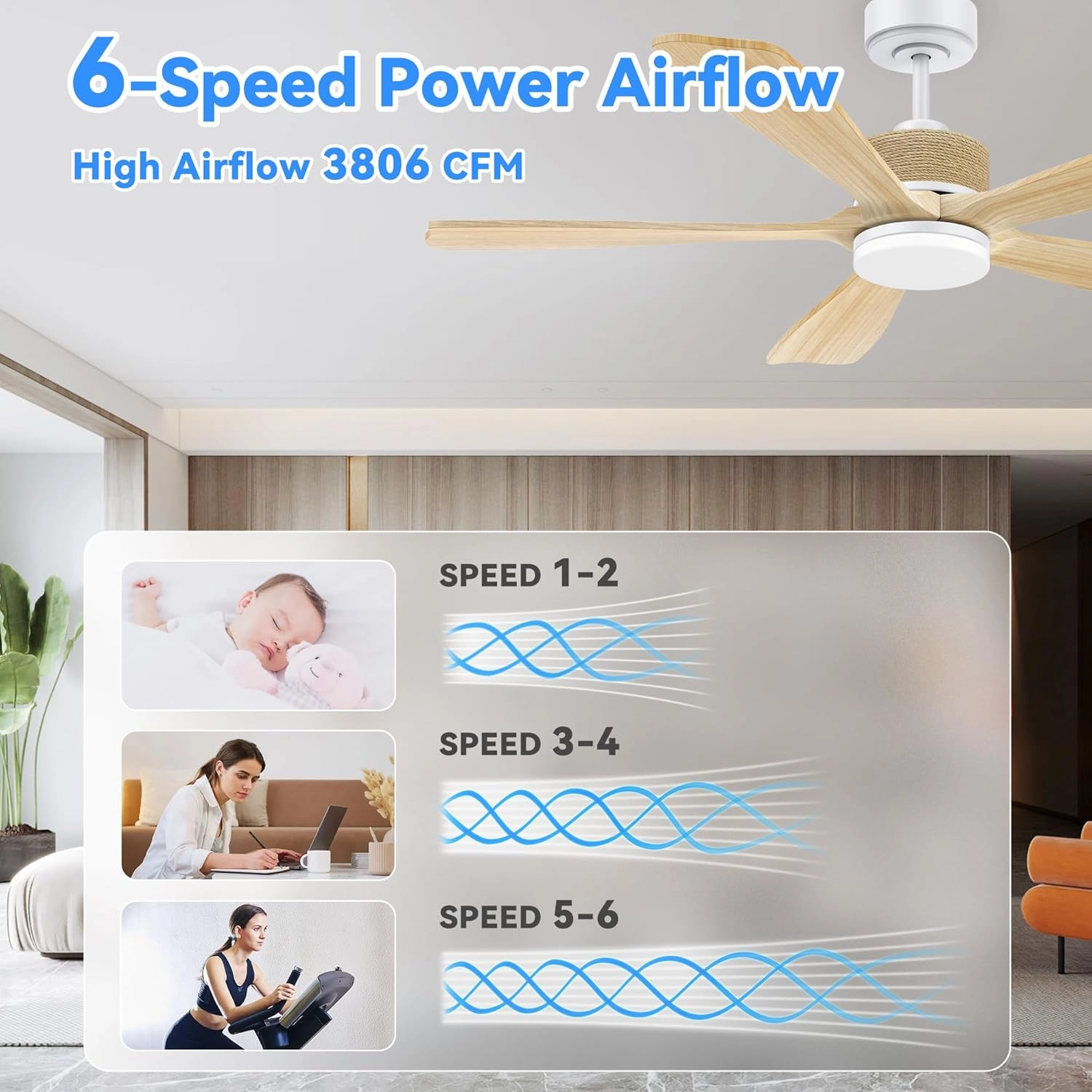 52"Wood Smart Ceiling Fans with Lights Remote,Decor with Hemp Rope,Voice Control via WIFI Alexa App,6 Speed Reversible,Quiet DC Motor,Modern Outdoor Indoor Ceiling Fan for Bedroom Patio Porch