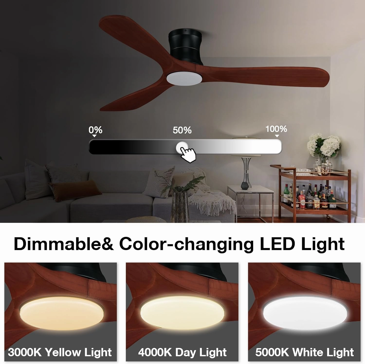 52 Smart Wood Flush Mount Ceiling Fans with Lights Remote,Quiet DC Motor,Outdoor Indoor Low Profile Ceiling Fan,Voice WIFI Alexa App Control,Dimmable,6-speed,for Modern Bedroom Patio