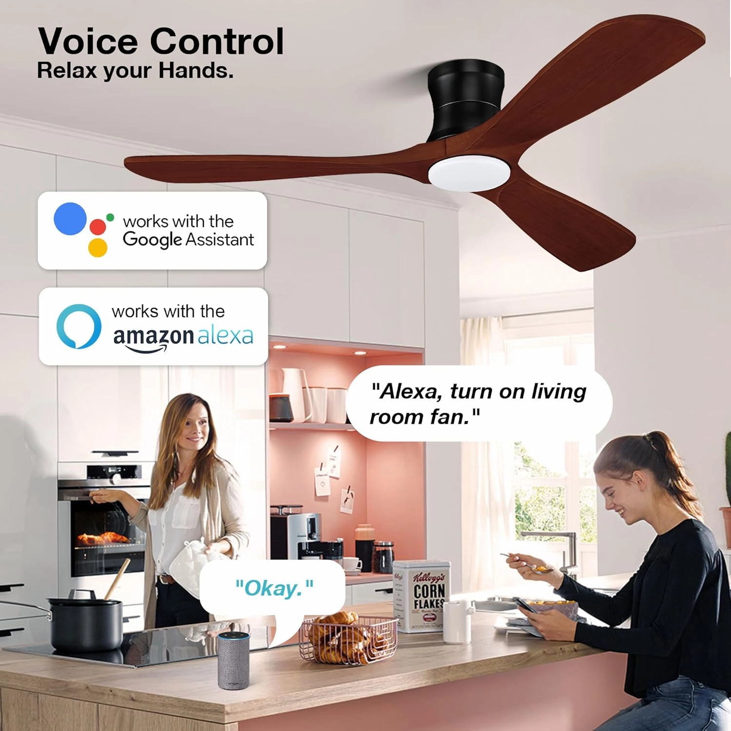 52 Smart Wood Flush Mount Ceiling Fans with Lights Remote,Quiet DC Motor,Outdoor Indoor Low Profile Ceiling Fan,Voice WIFI Alexa App Control,Dimmable,6-speed,for Modern Bedroom Patio