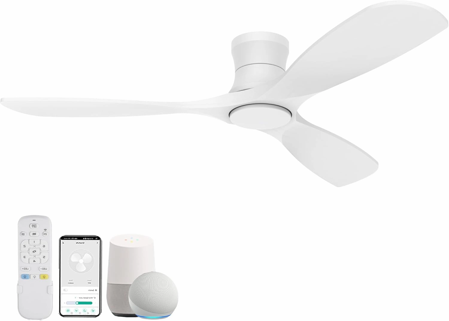 52 Wood Smart Flush Mount Ceiling Fans with Lights and Remote,Quiet DC Motor,Outdoor Indoor Ultra Low Profile Ceiling Fan works with Alexa WIFI APP,Modern White Ceiling Fan for Bedroom Patio App-controlled remote fan for convenience