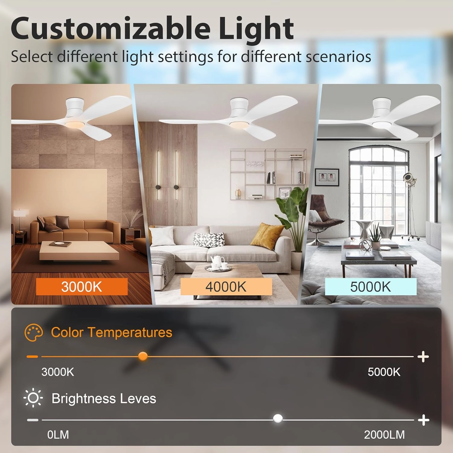 52 Wood Smart Flush Mount Ceiling Fans with Lights and Remote,Quiet DC Motor,Outdoor Indoor Ultra Low Profile Ceiling Fan works with Alexa WIFI APP,Modern White Ceiling Fan for Bedroom Patio