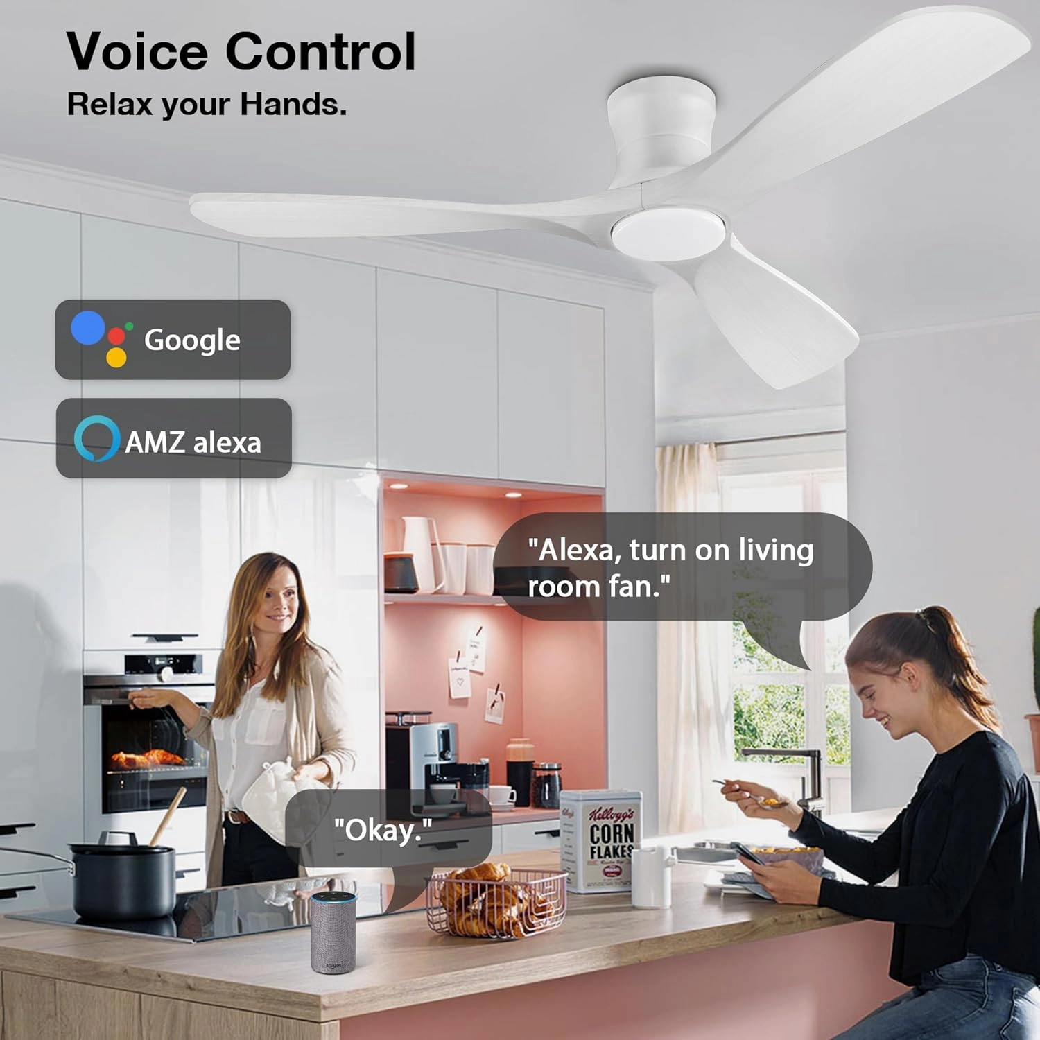 52 Wood Smart Flush Mount Ceiling Fans with Lights and Remote,Quiet DC Motor,Outdoor Indoor Ultra Low Profile Ceiling Fan works with Alexa WIFI APP,Modern White Ceiling Fan for Bedroom Patio