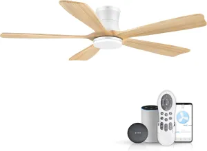 52In Wood Smart Low Profile Ceiling Fans with Lights Remote,Control via WIFI Alexa Google App,6 Speed,Quiet DC Motor,Flush Mount Outdoor Indoor Ceiling Fan for Modern Bedroom Patio Porch App-controlled remote fan for convenience