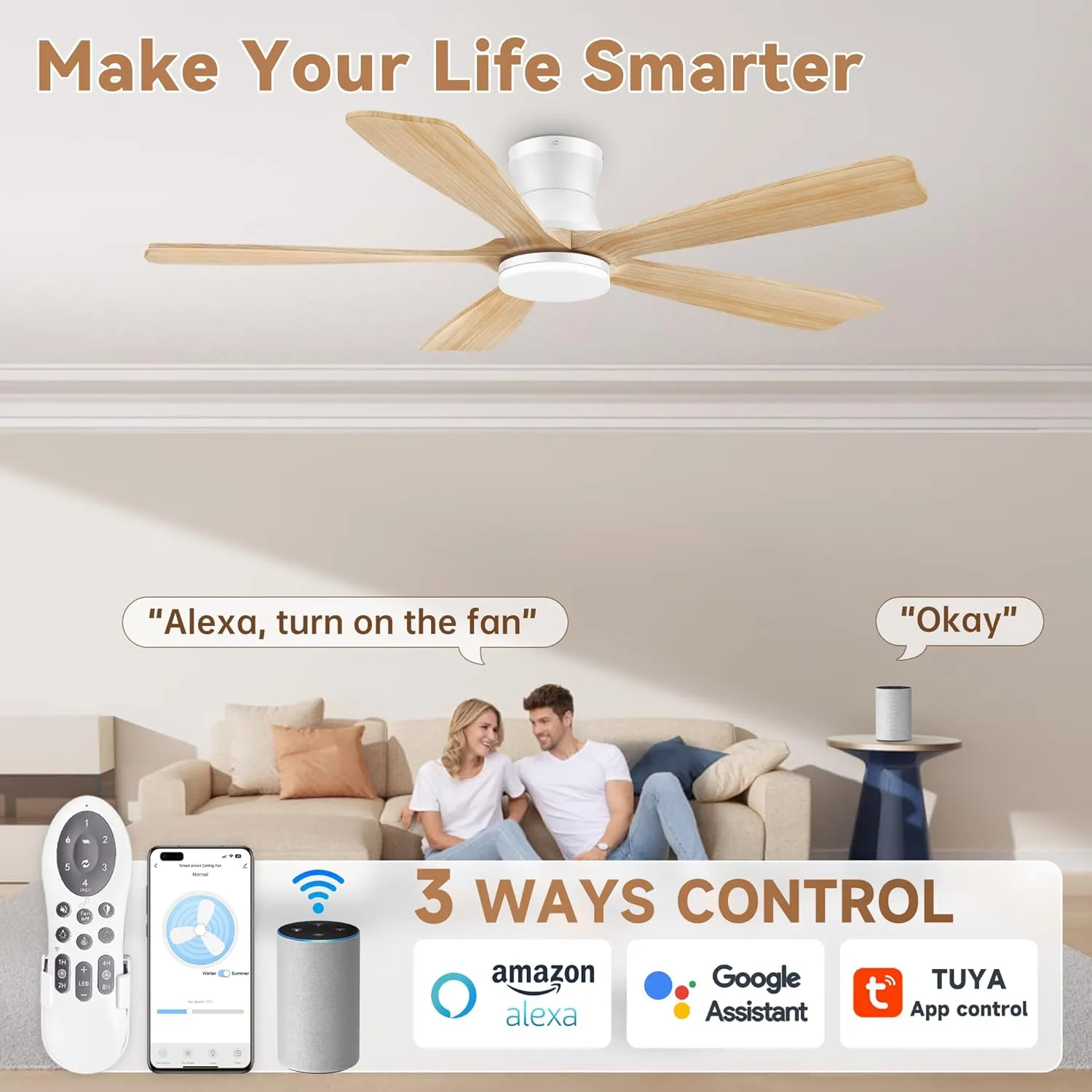 52In Wood Smart Low Profile Ceiling Fans with Lights Remote,Control via WIFI Alexa Google App,6 Speed,Quiet DC Motor,Flush Mount Outdoor Indoor Ceiling Fan for Modern Bedroom Patio Porch
