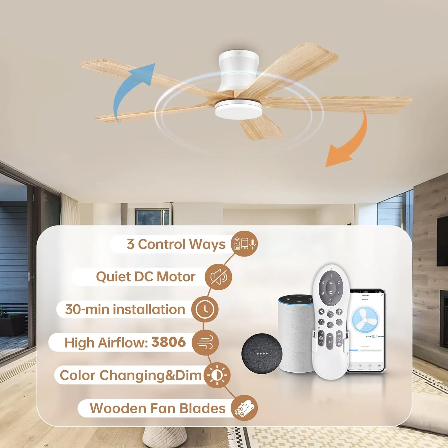 52In Wood Smart Low Profile Ceiling Fans with Lights Remote,Control via WIFI Alexa Google App,6 Speed,Quiet DC Motor,Flush Mount Outdoor Indoor Ceiling Fan for Modern Bedroom Patio Porch