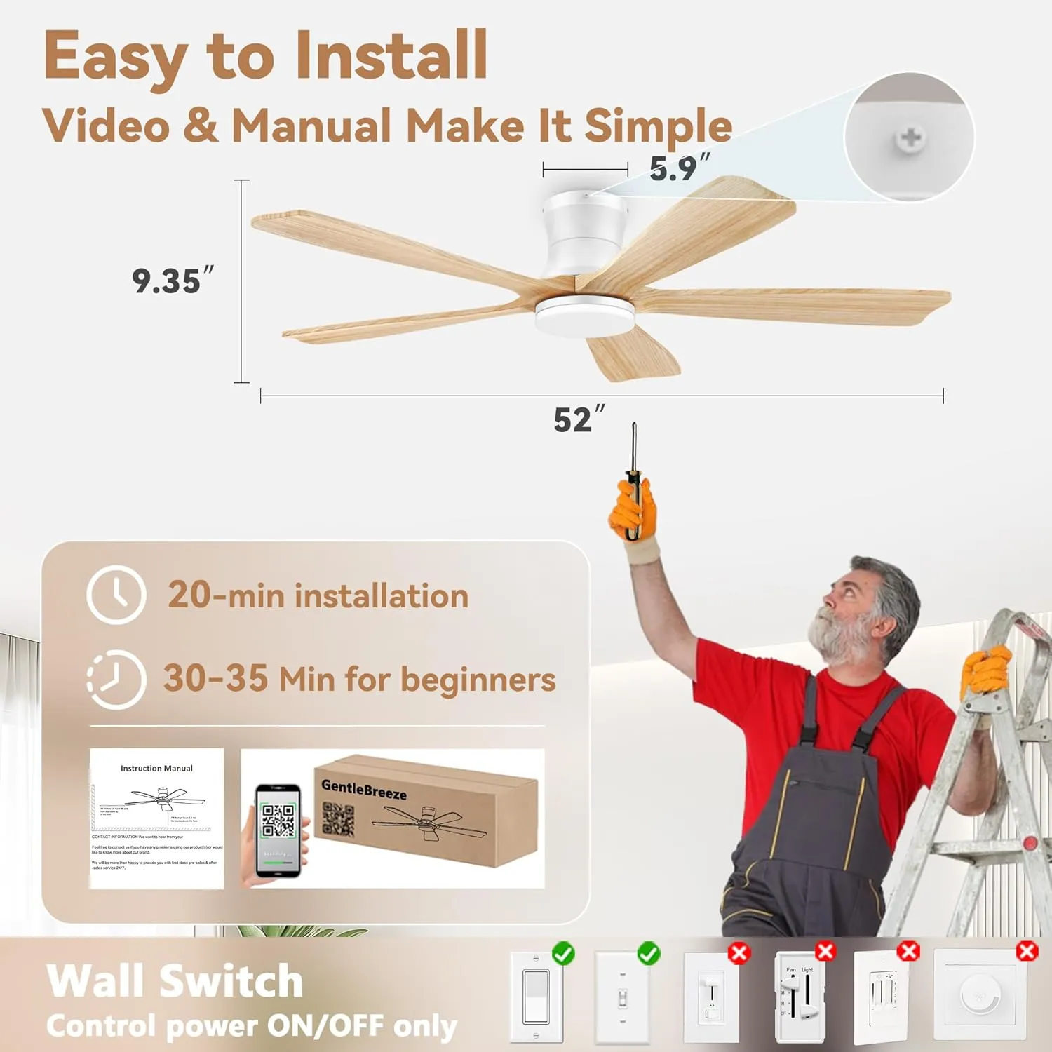 52In Wood Smart Low Profile Ceiling Fans with Lights Remote,Control via WIFI Alexa Google App,6 Speed,Quiet DC Motor,Flush Mount Outdoor Indoor Ceiling Fan for Modern Bedroom Patio Porch