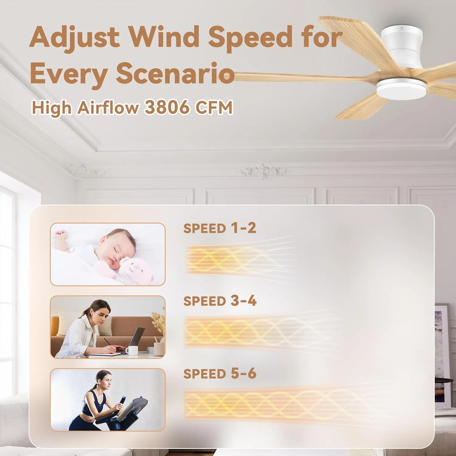 52In Wood Smart Low Profile Ceiling Fans with Lights Remote,Control via WIFI Alexa Google App,6 Speed,Quiet DC Motor,Flush Mount Outdoor Indoor Ceiling Fan for Modern Bedroom Patio Porch