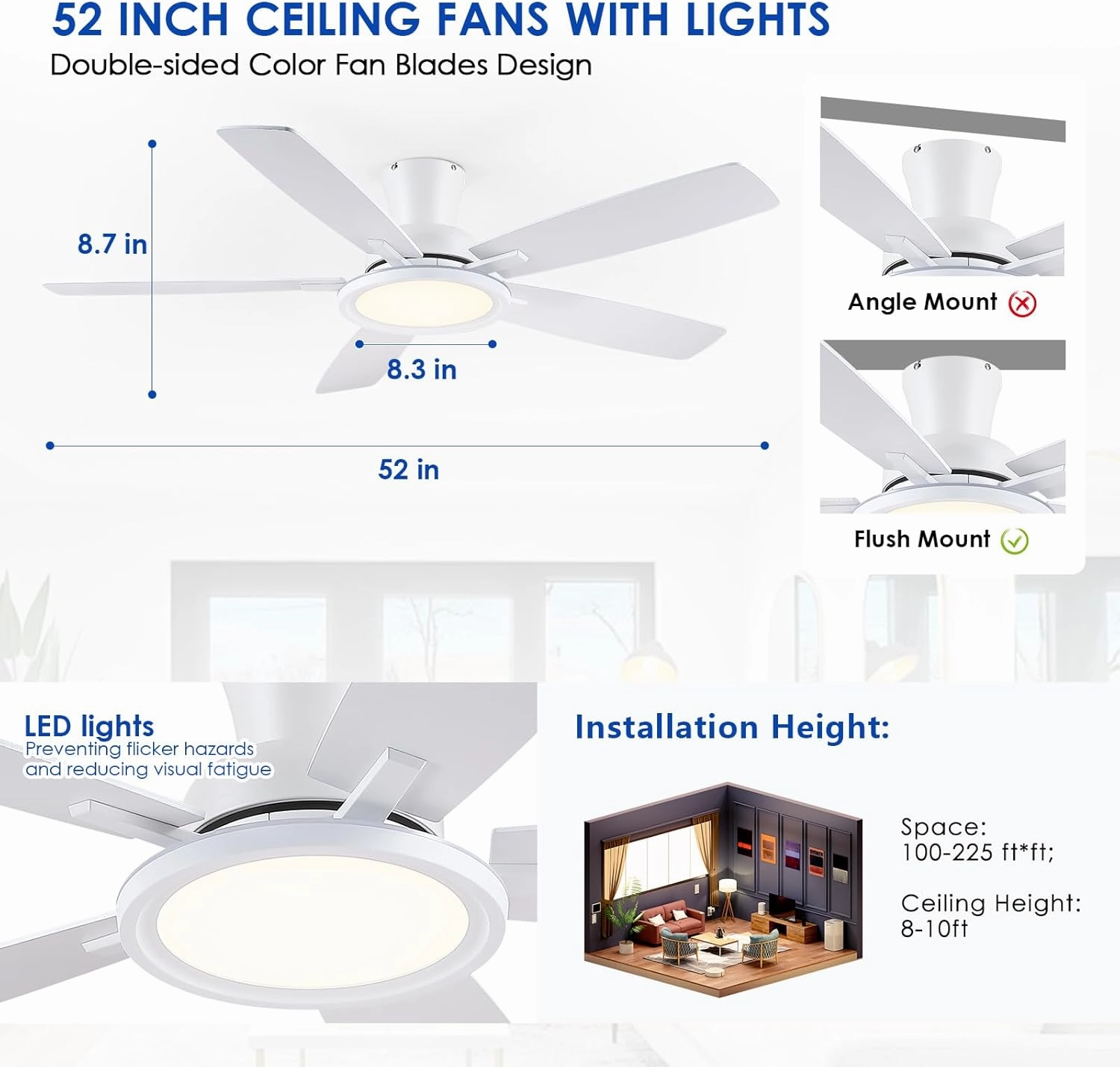 52In Flush Mount Ceiling Fans with Lights - White Low ProfileCeiling Fan with Remote/APP, Reversible, 3CCT Dimmable, Modern Fan Light for Indoor Living Room, Outdoor Covered Patios