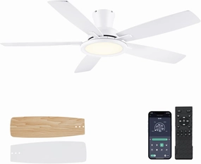 52In Flush Mount Ceiling Fans with Lights - White Low ProfileCeiling Fan with Remote/APP, Reversible, 3CCT Dimmable, Modern Fan Light for Indoor Living Room, Outdoor Covered Patios App-controlled remote fan for convenience