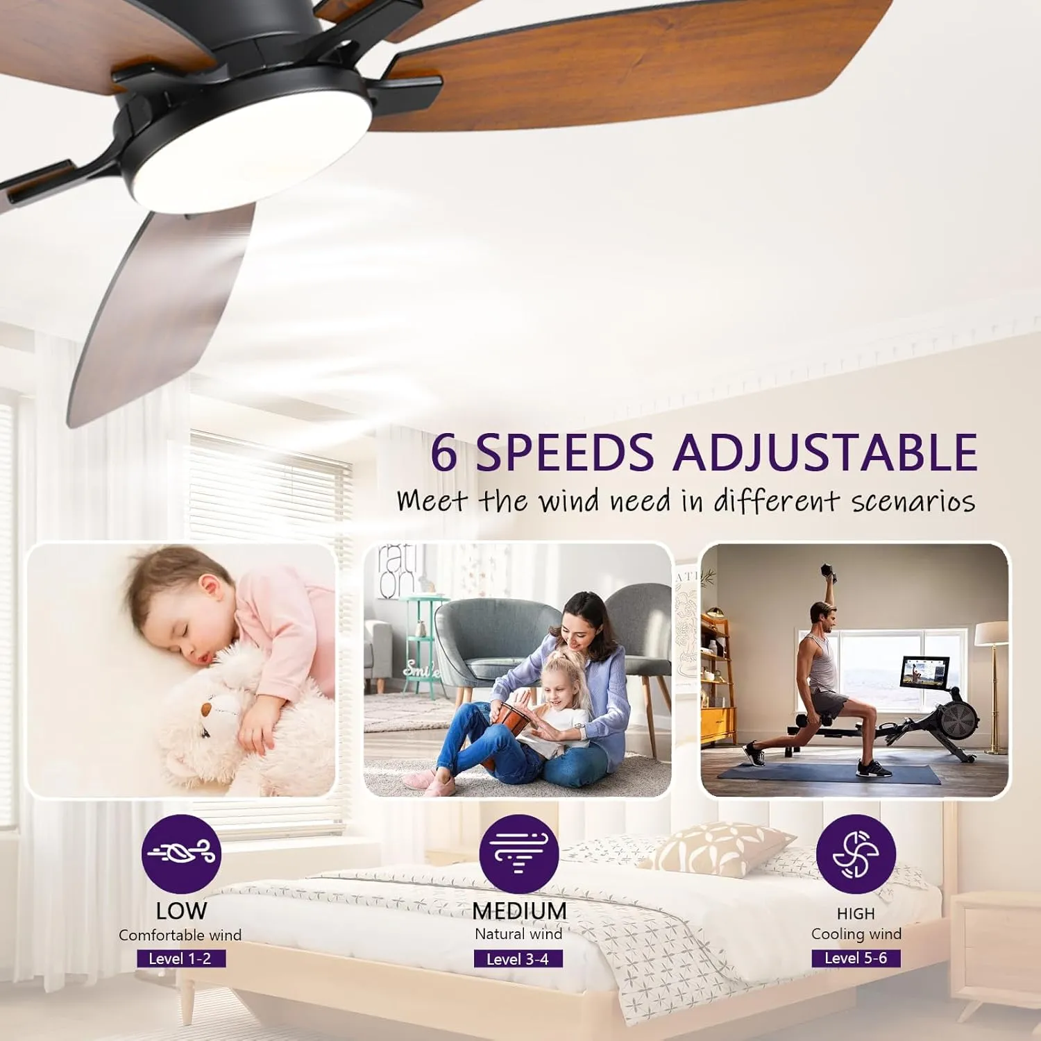 52inch Ceiling Fans with Lights, Low Profile Ceiling Fan with Light and Remote Control/APP Control, Flush Mount, Reversible Motor, Dimmable, Noiseless, Brown Ceiling Fan for Bedroom (Brown