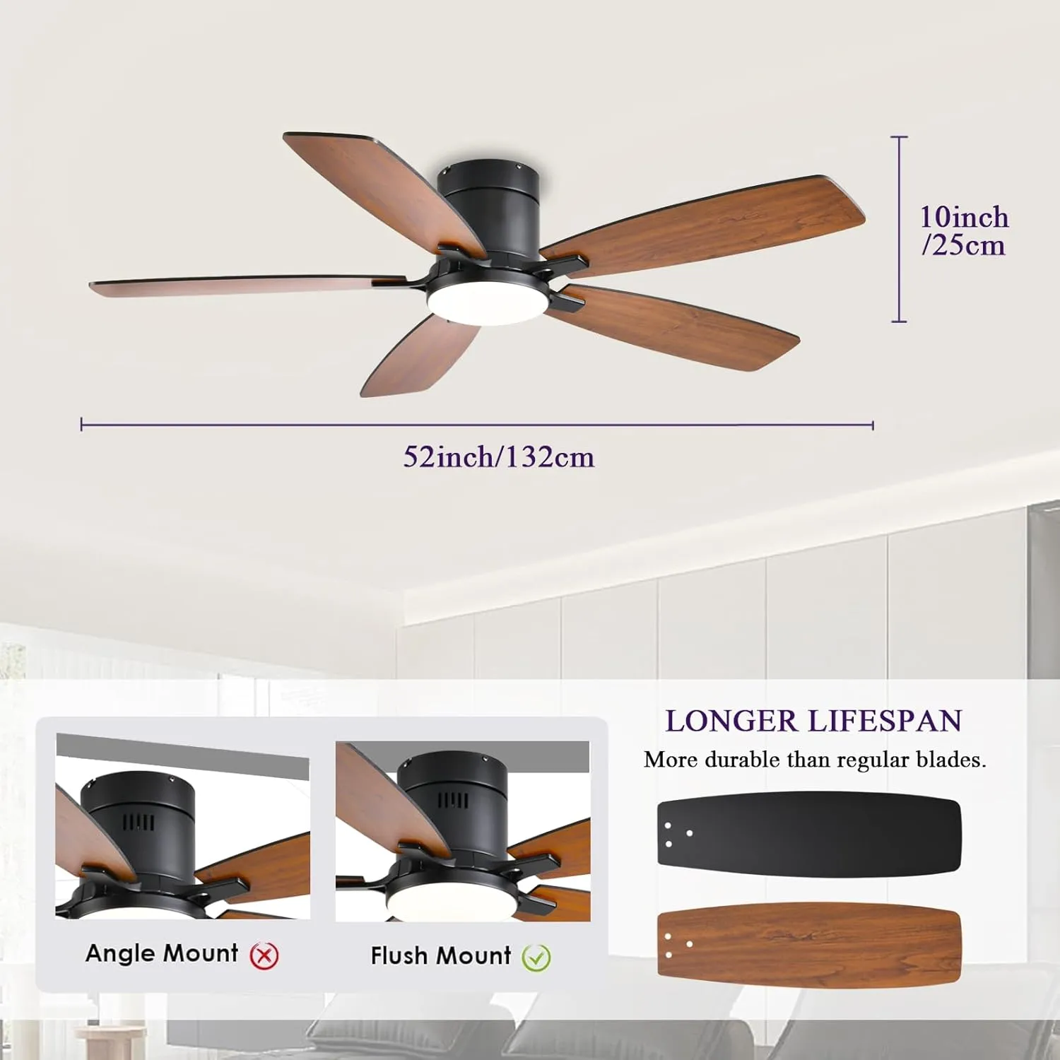 52inch Ceiling Fans with Lights, Low Profile Ceiling Fan with Light and Remote Control/APP Control, Flush Mount, Reversible Motor, Dimmable, Noiseless, Brown Ceiling Fan for Bedroom (Brown
