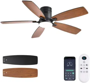 52inch Ceiling Fans with Lights, Low Profile Ceiling Fan with Light and Remote Control/APP Control, Flush Mount, Reversible Motor, Dimmable, Noiseless, Brown Ceiling Fan for Bedroom (Brown App-controlled remote fan for convenience