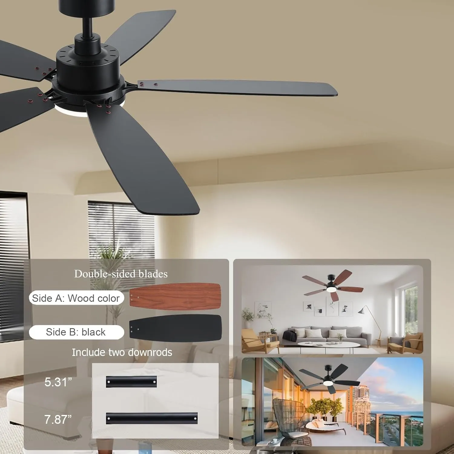 52inch Ceiling Fans with Lights, Low Profile Ceiling Fan with Light and Remote/App Control, 2 Downrods, DC Reversible Motor, Noiseless, Dimmable Brown Ceiling Fan for Bedroom Livingroom